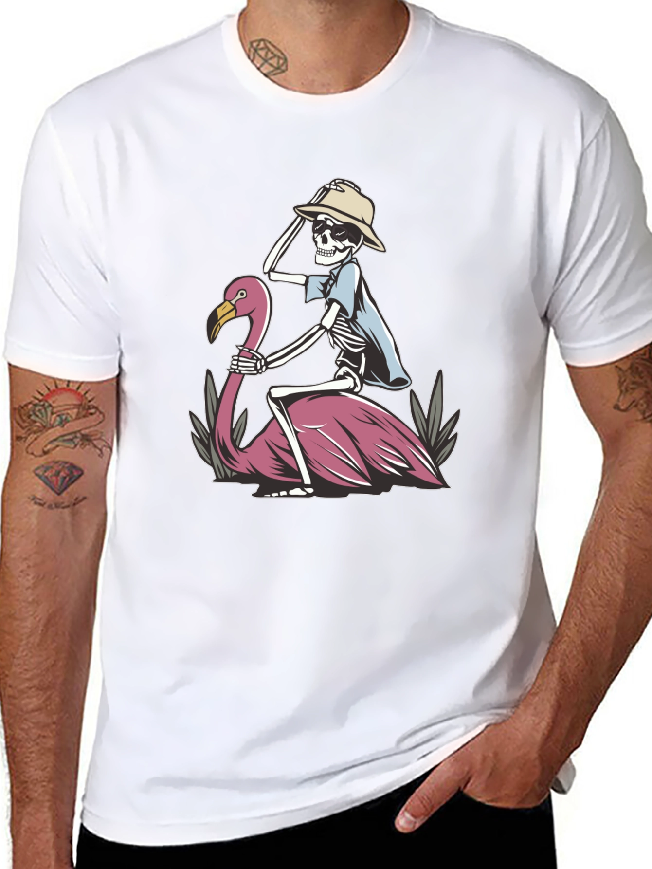 Skeleton Riding Flamingo Graphic T-Shirt