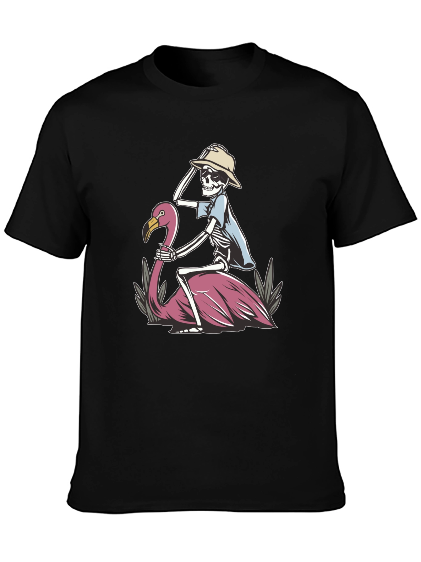 Skeleton Riding Flamingo Graphic T-Shirt