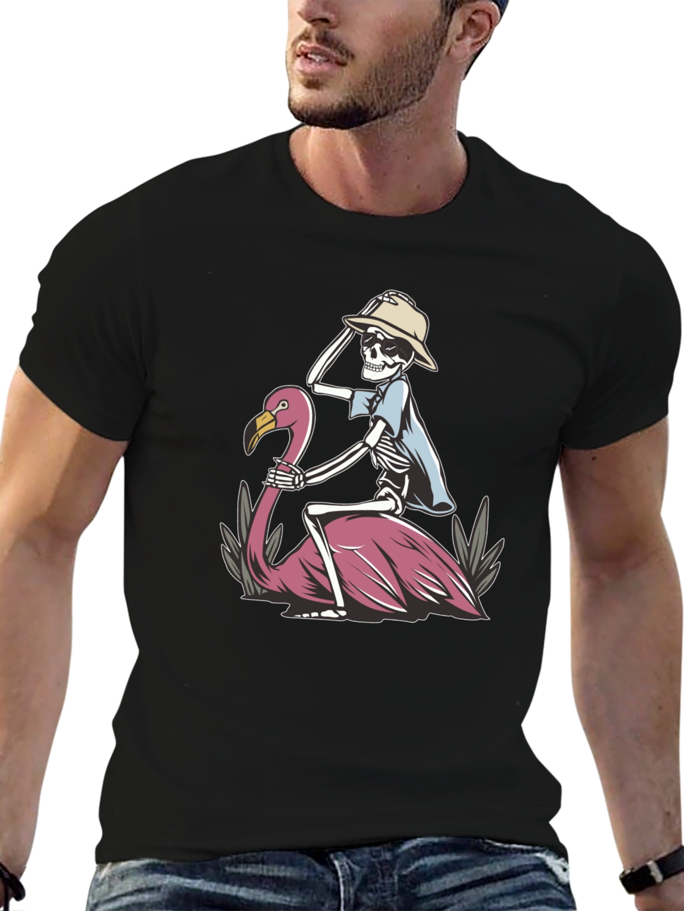 Skeleton Riding Flamingo Graphic T-Shirt