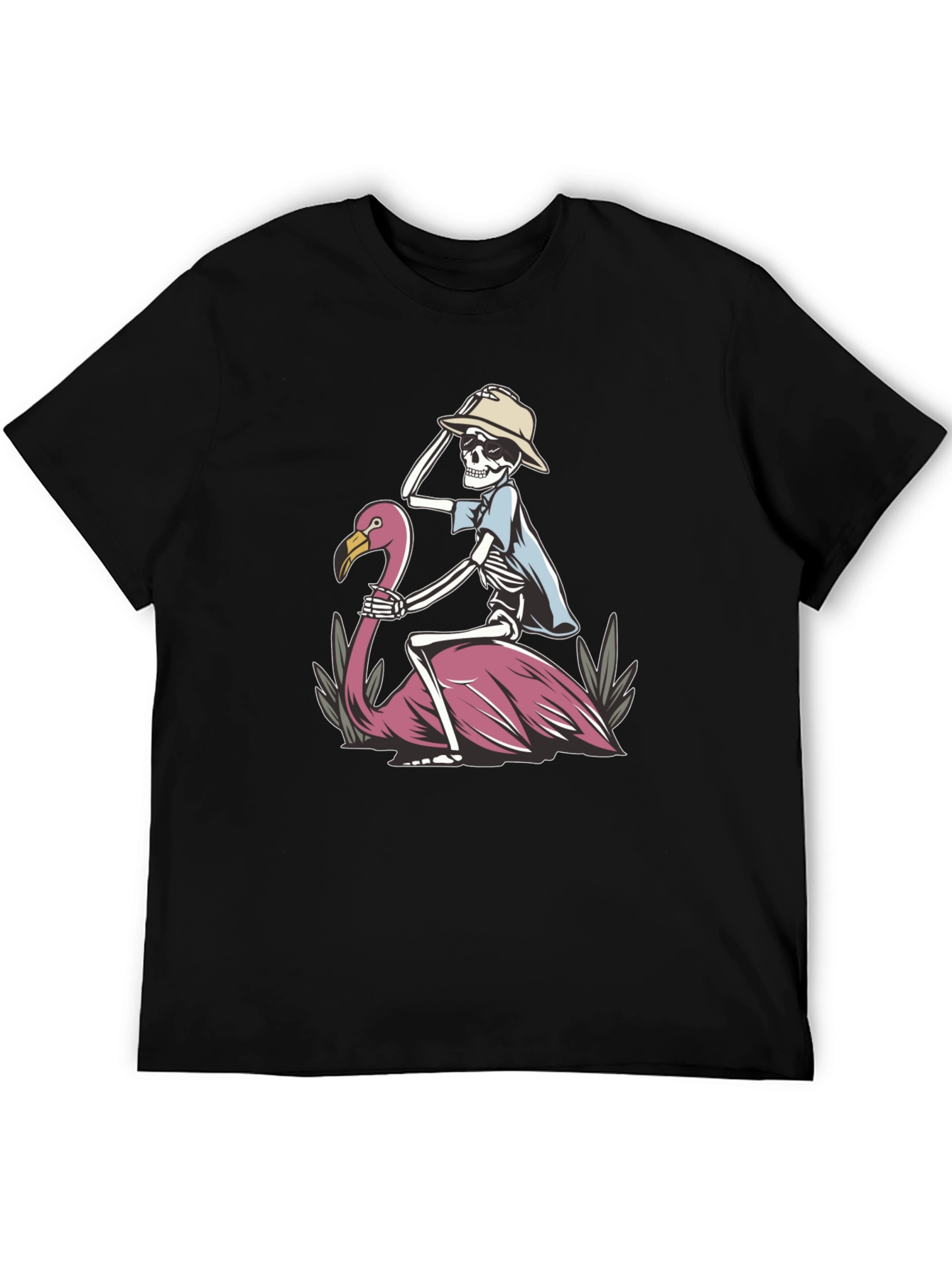 Skeleton Riding Flamingo Graphic T-Shirt