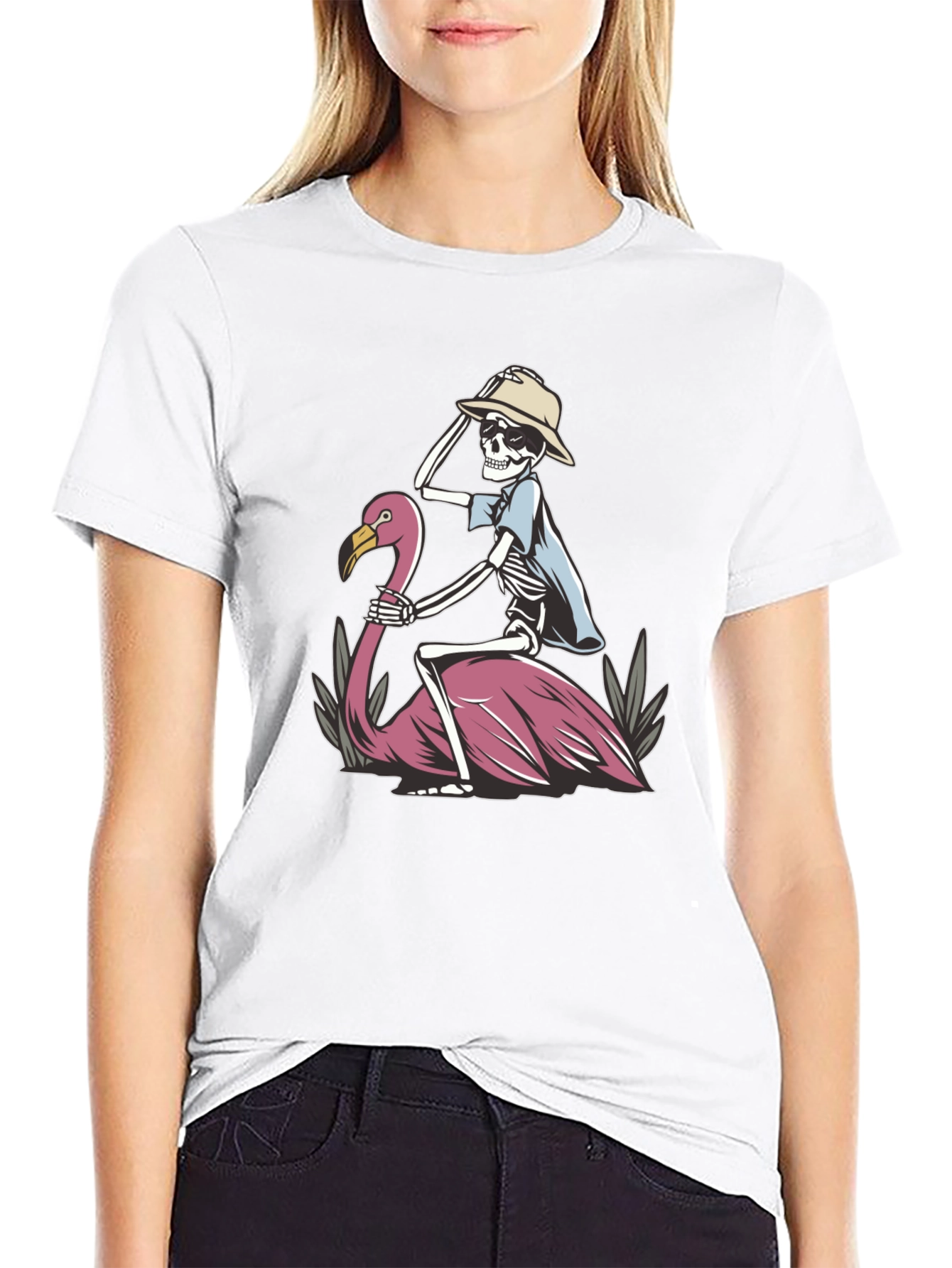 Skeleton Riding Flamingo Graphic T-Shirt