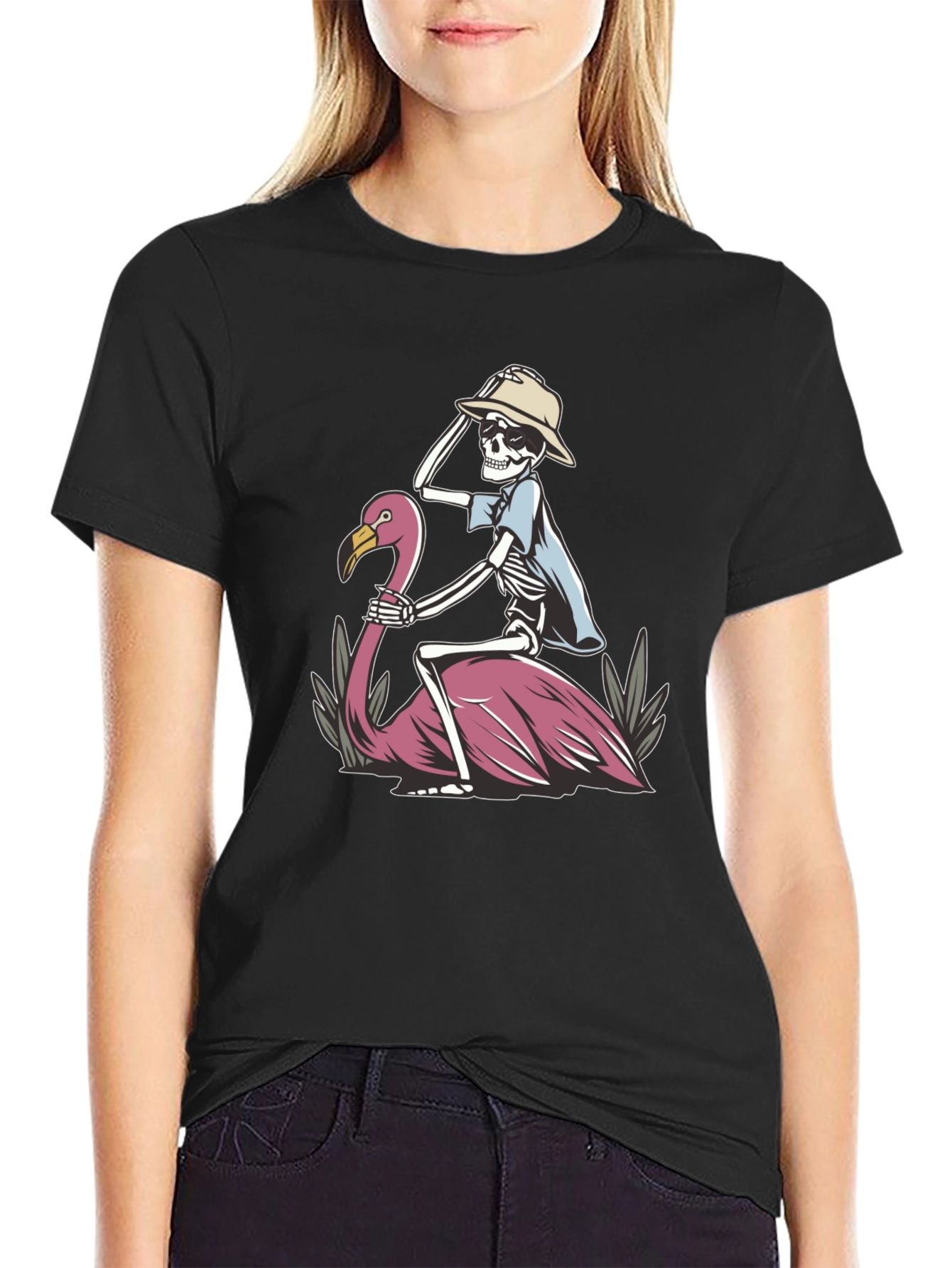 Skeleton Riding Flamingo Graphic T-Shirt