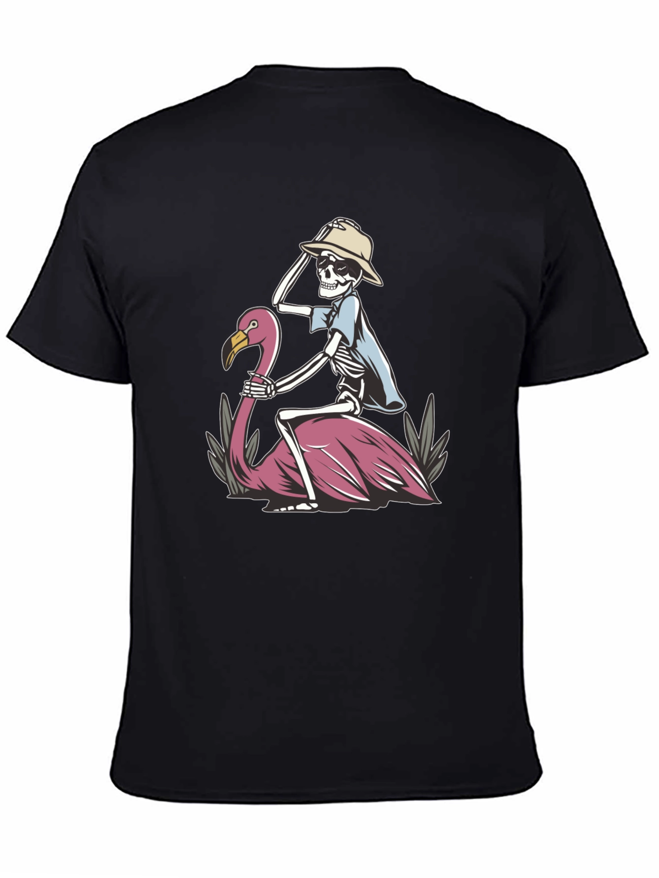 Skeleton Riding Flamingo Graphic T-Shirt
