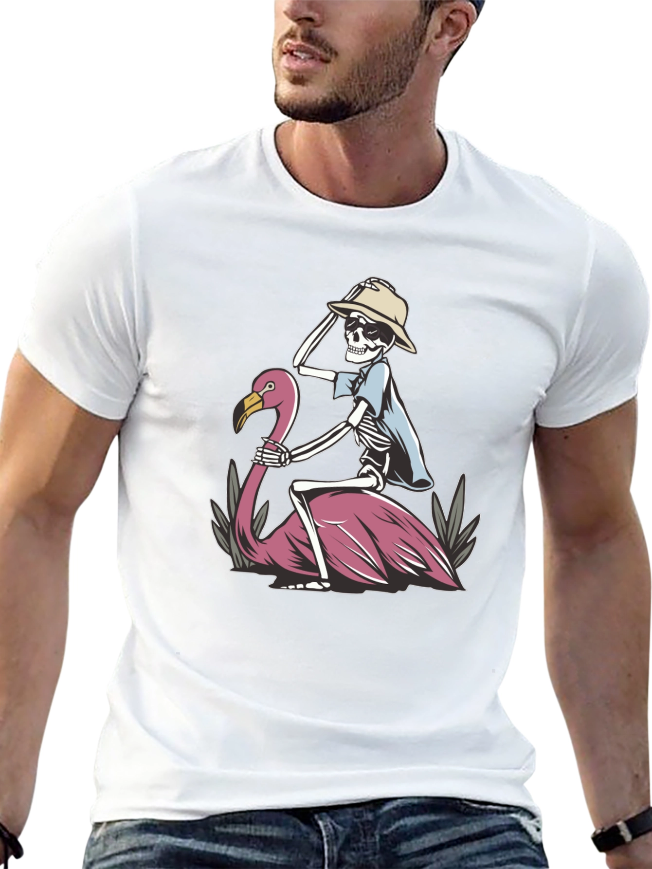 Skeleton Riding Flamingo Graphic T-Shirt