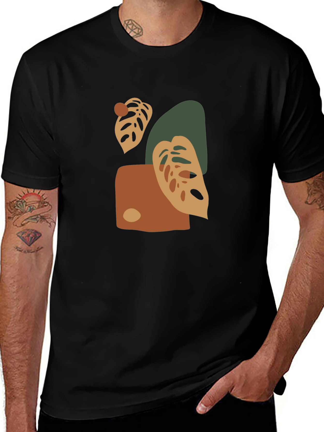 Abstract Monstera Leaf Graphic Print Black T-Shirt