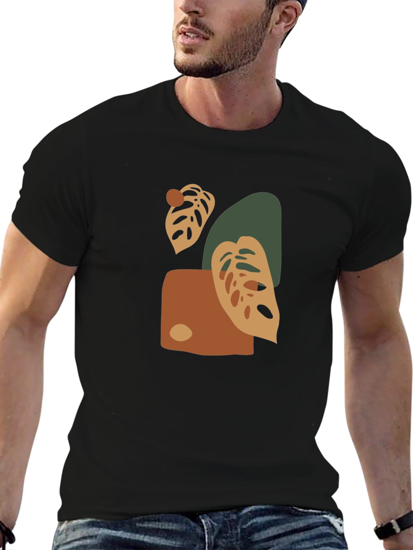 Abstract Monstera Leaf Graphic Print Black T-Shirt