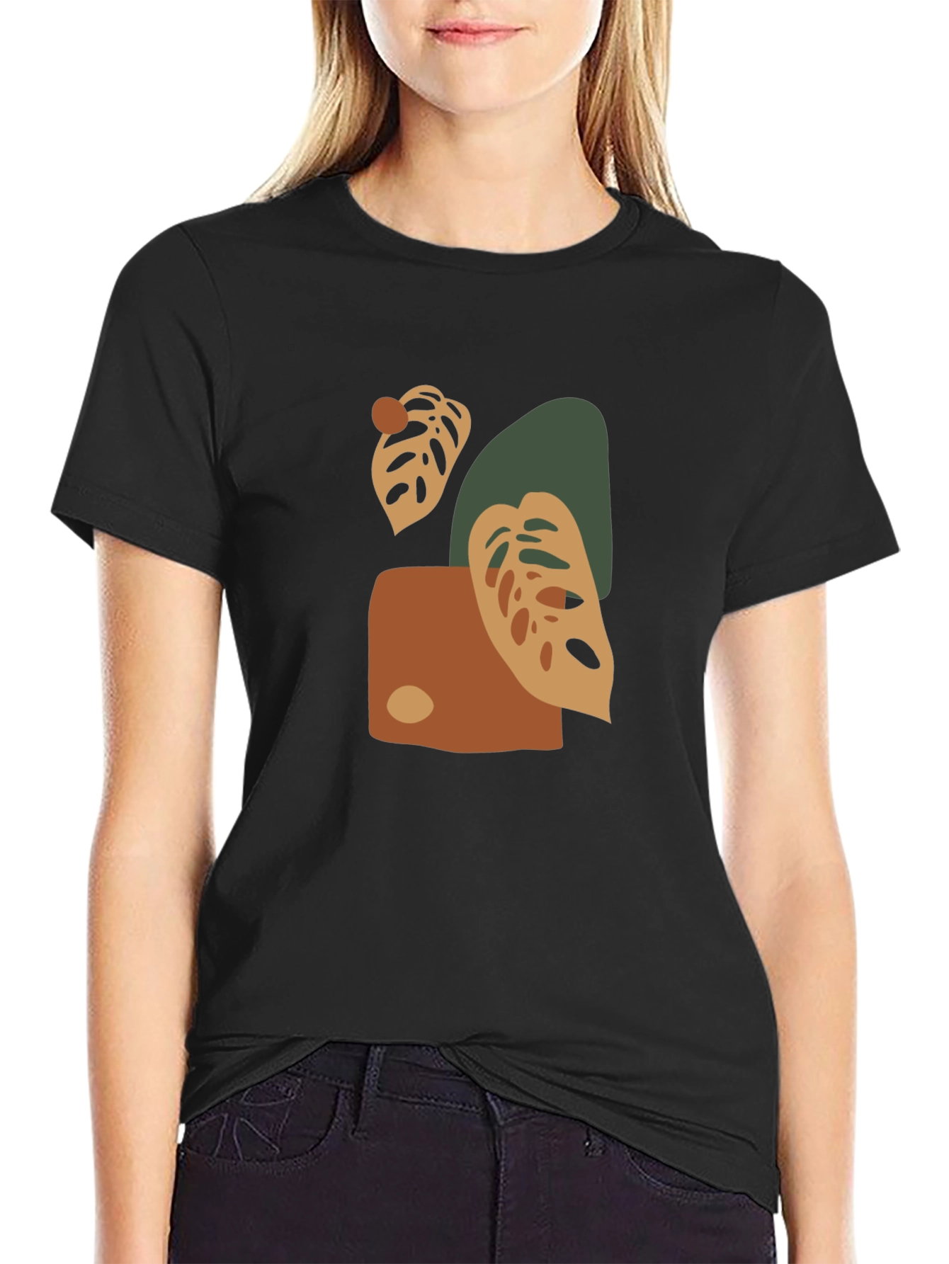 Abstract Monstera Leaf Graphic Print Black T-Shirt
