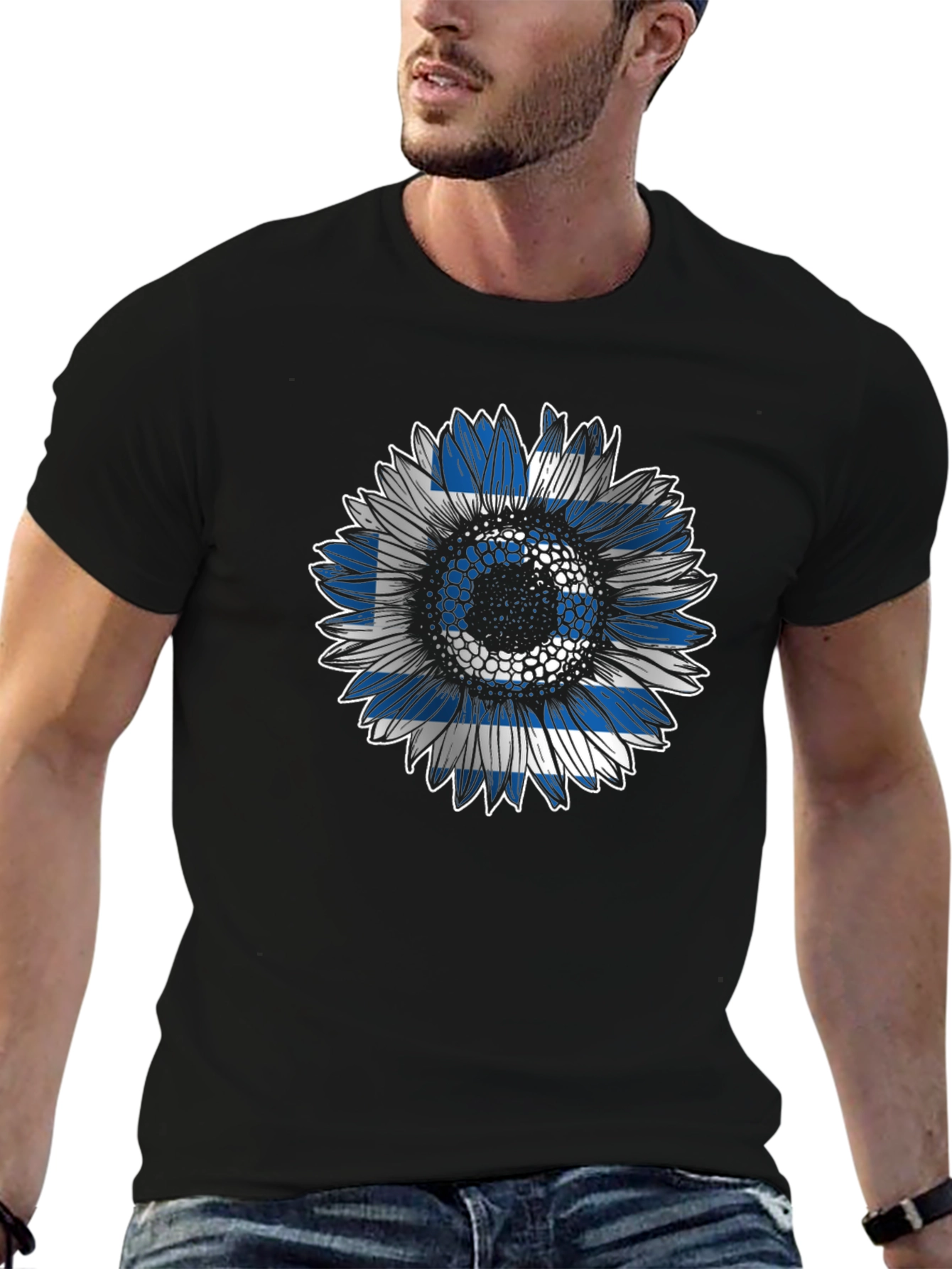 Greek Flag Sunflower T-Shirt - Unique Design