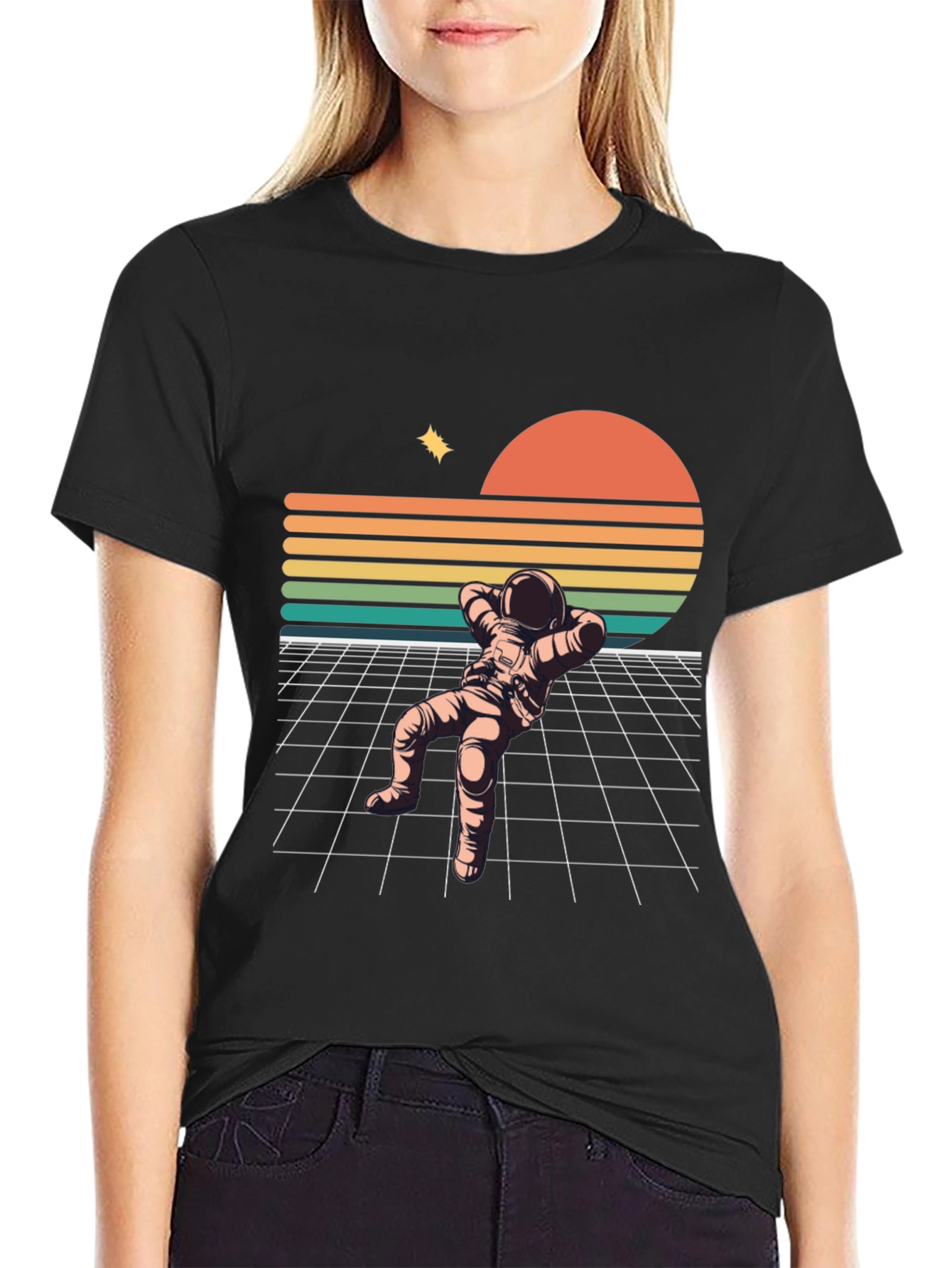 Retro Astronaut Relaxing Black T-Shirt