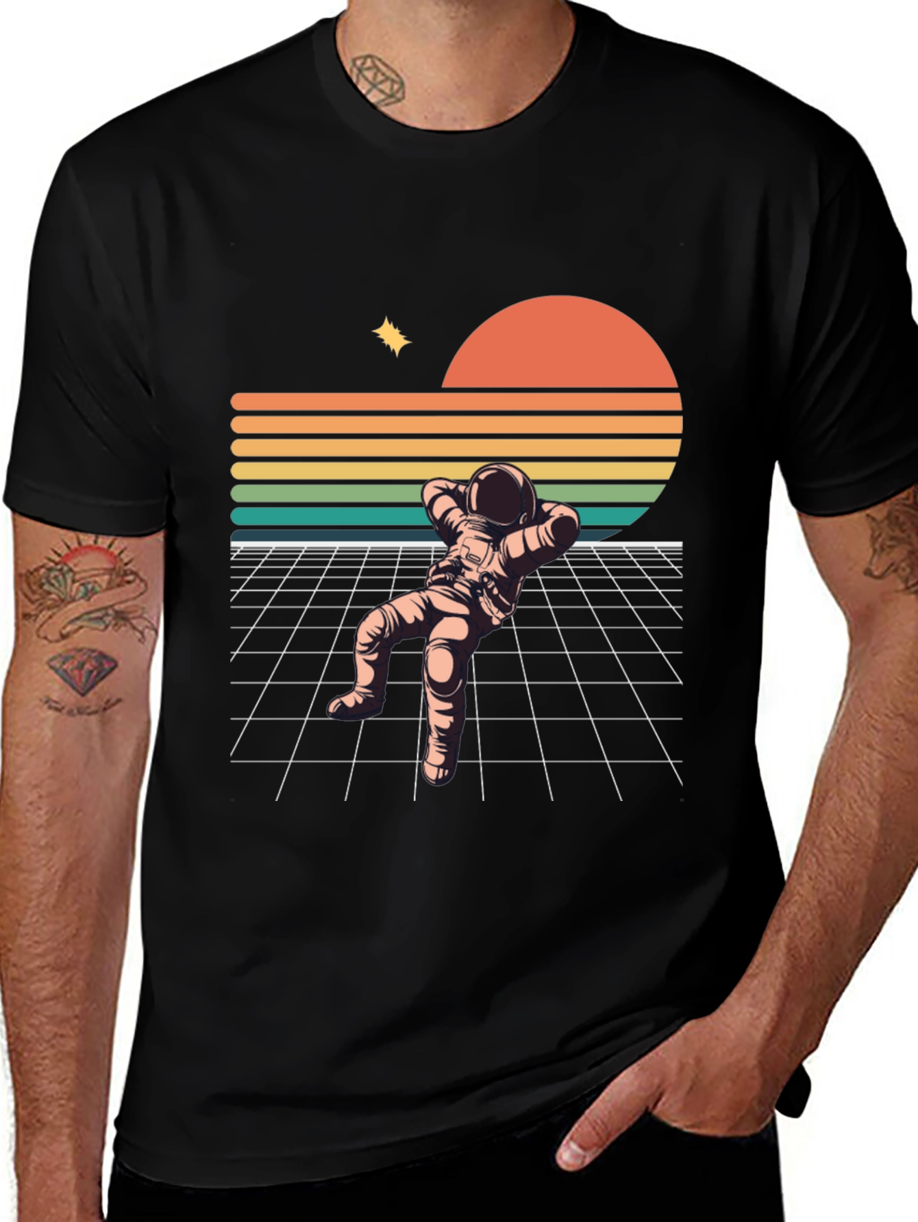 Retro Astronaut Relaxing Black T-Shirt