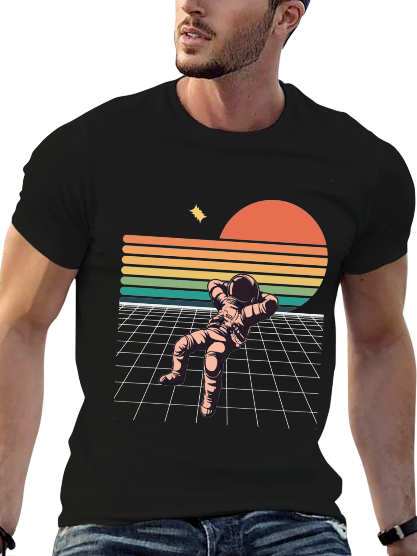 Retro Astronaut Relaxing Black T-Shirt