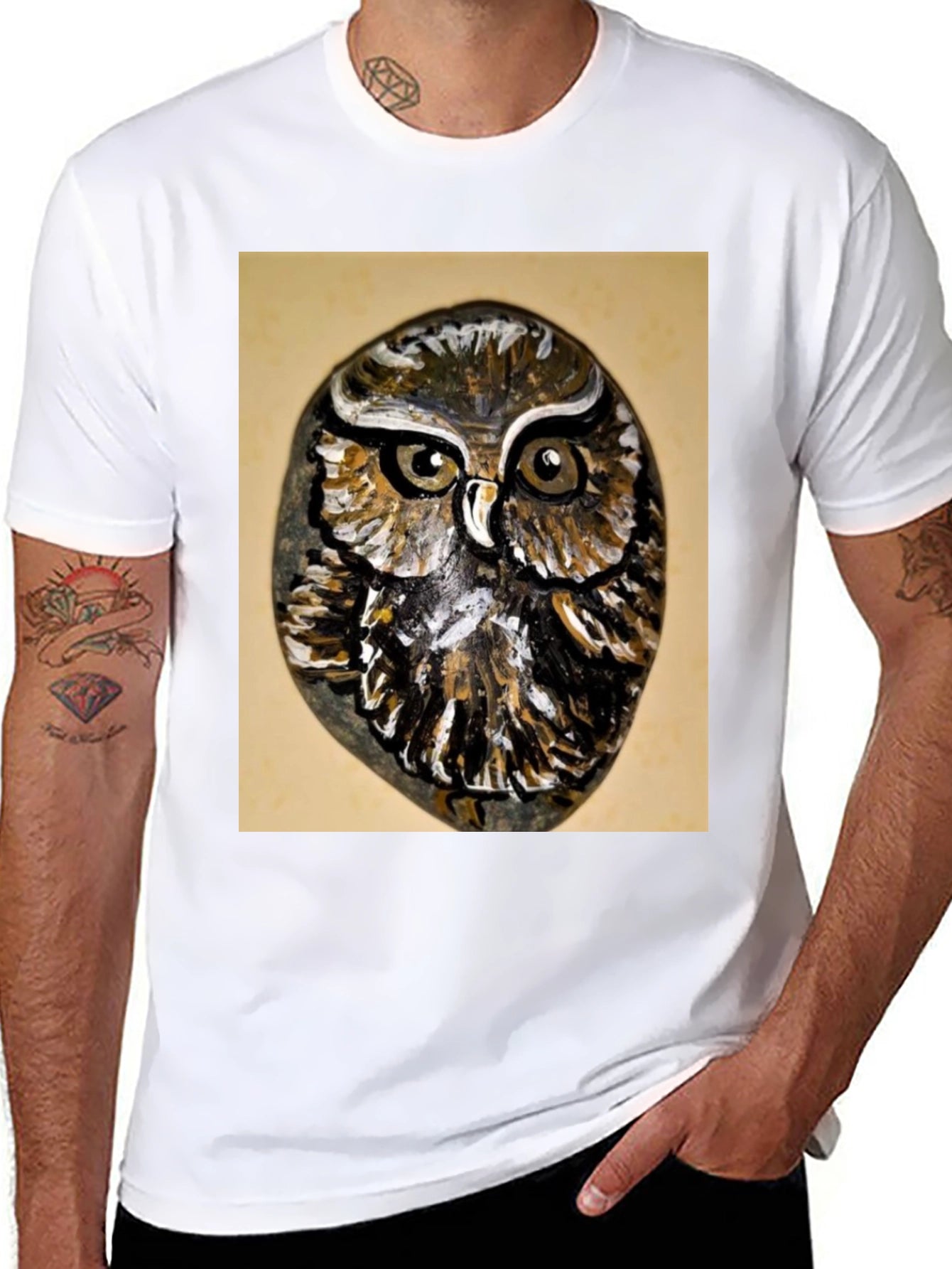 Owl Painted Rock Graphic Tee - Nature Lovers T-Shirt
