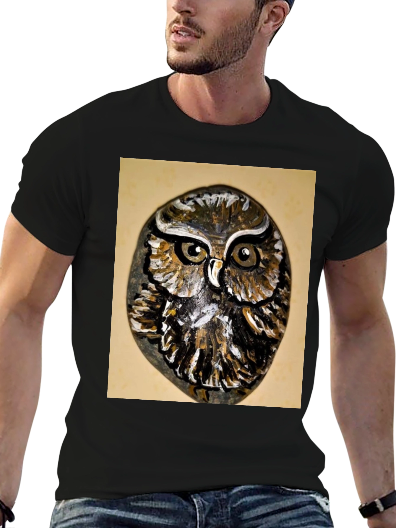 Owl Painted Rock Graphic Tee - Nature Lovers T-Shirt