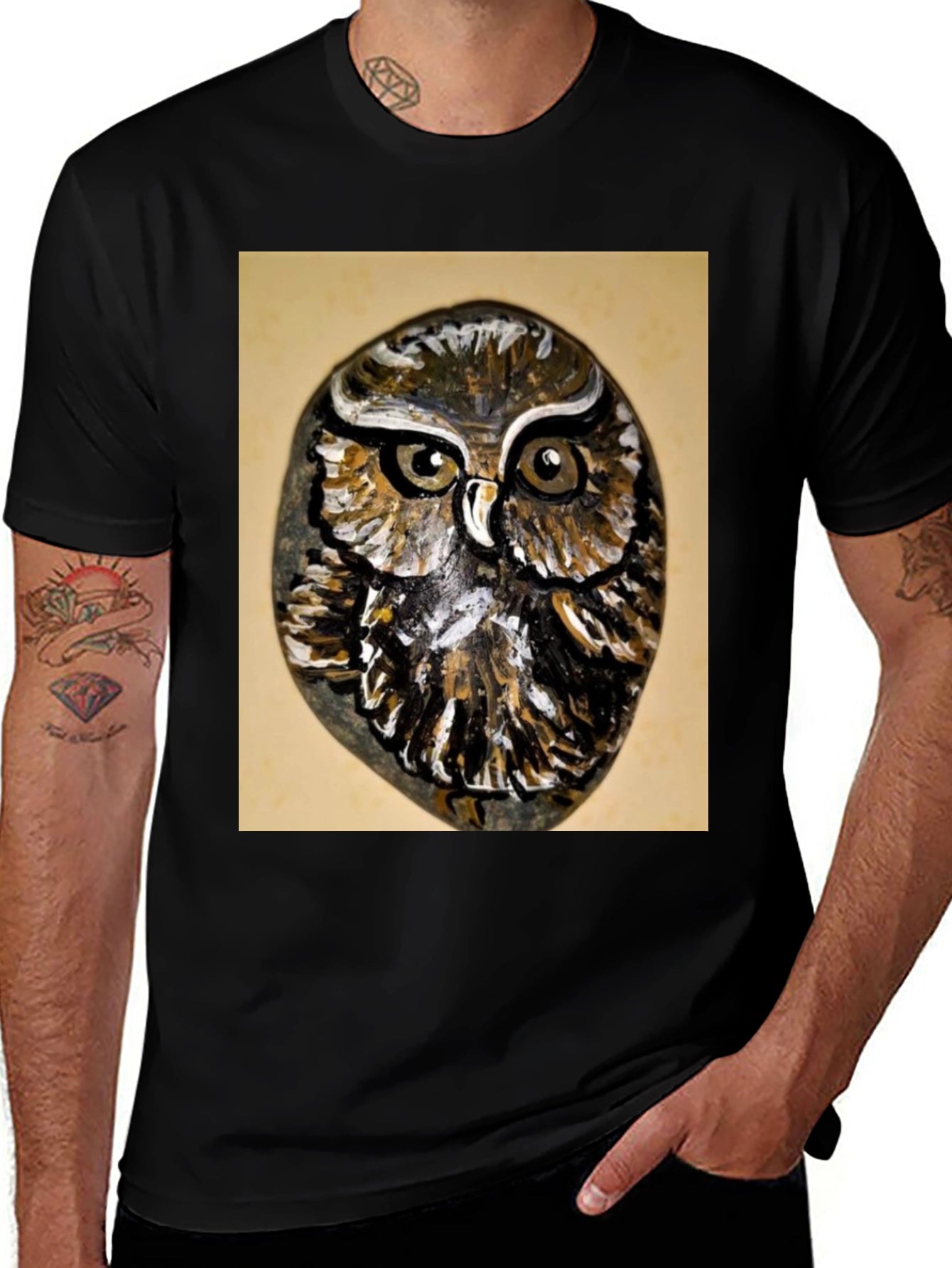 Owl Painted Rock Graphic Tee - Nature Lovers T-Shirt