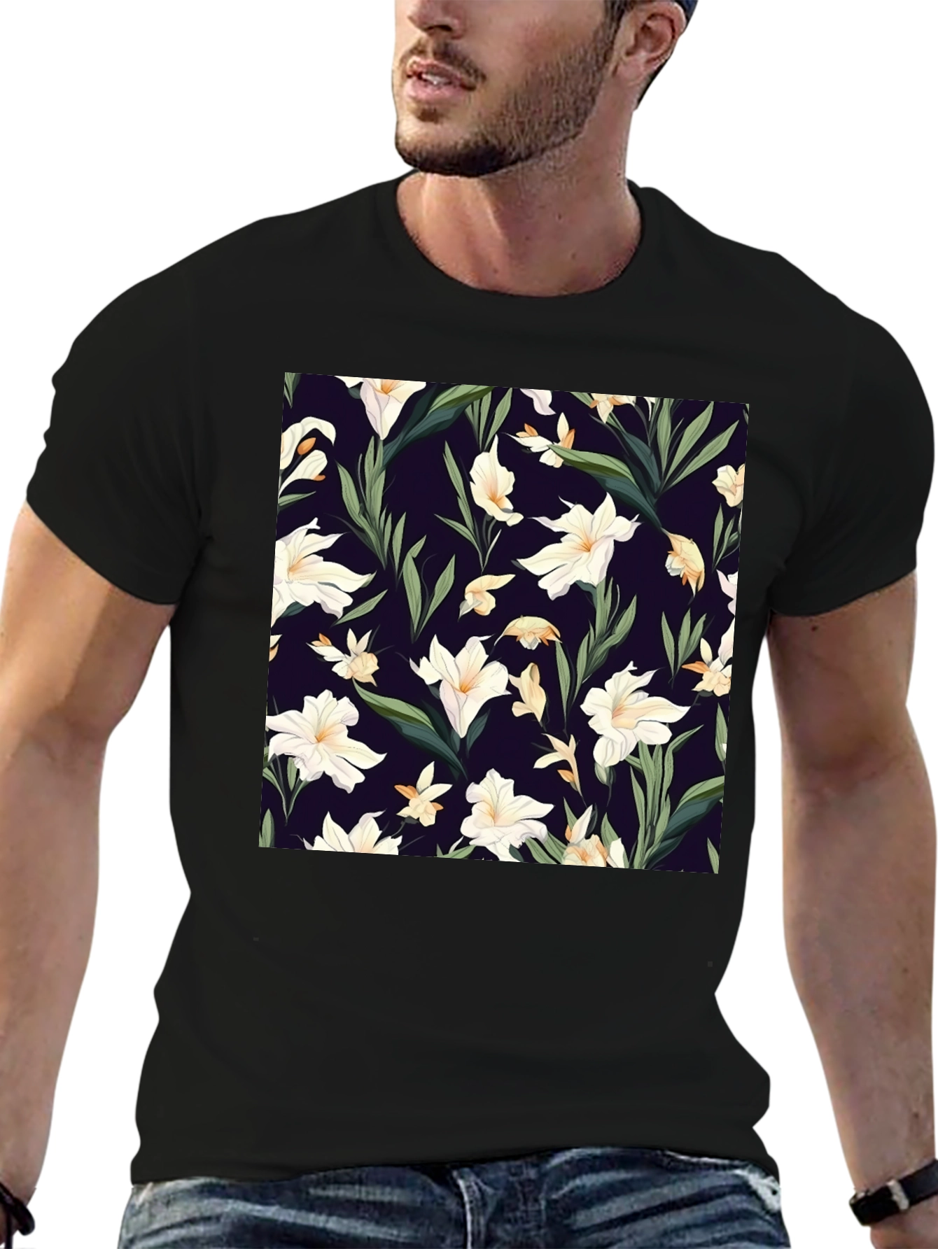 Floral Patterned Black T-Shirt
