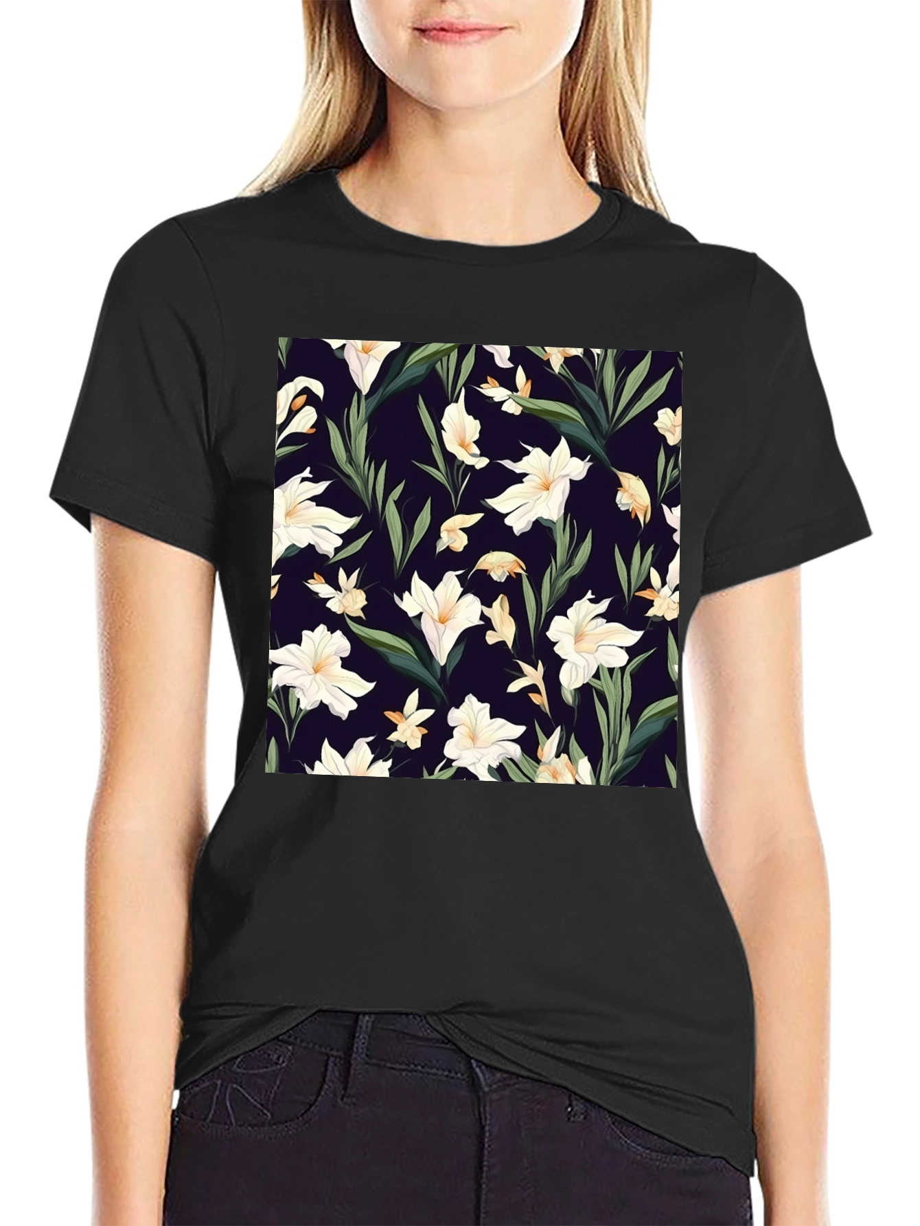 Floral Patterned Black T-Shirt