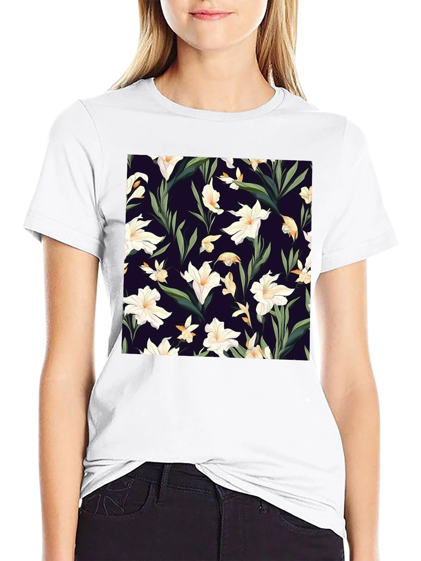 Floral Patterned Black T-Shirt