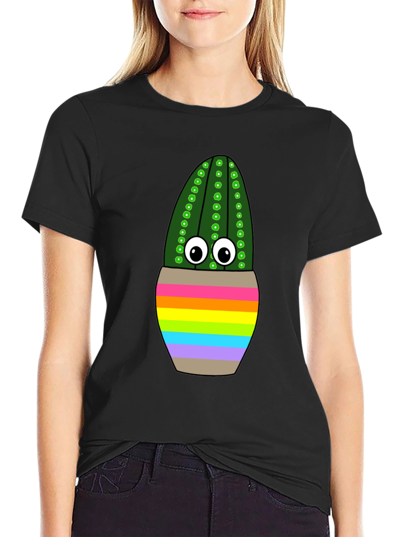 Rainbow Potted Cactus Graphic T-Shirt