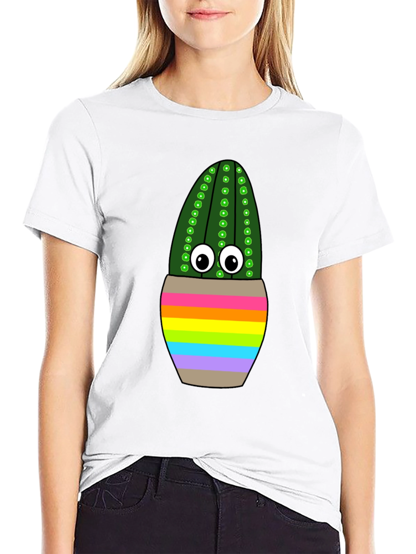 Rainbow Potted Cactus Graphic T-Shirt
