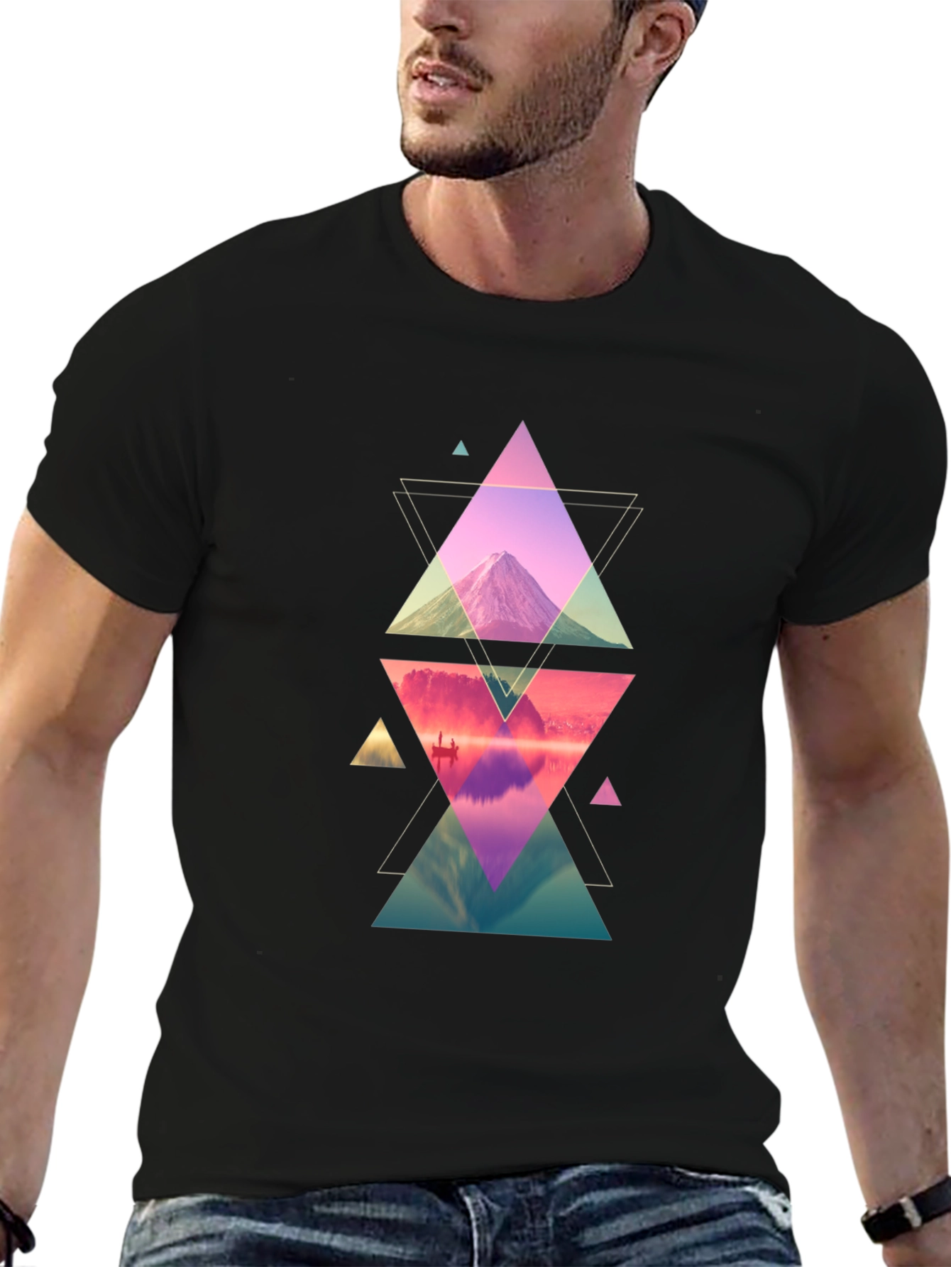 Geometric Mountain Print Black T-Shirt
