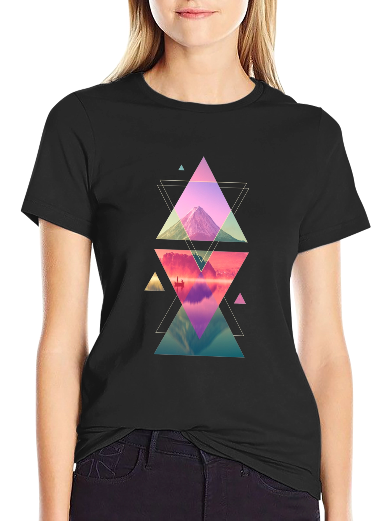 Geometric Mountain Print Black T-Shirt