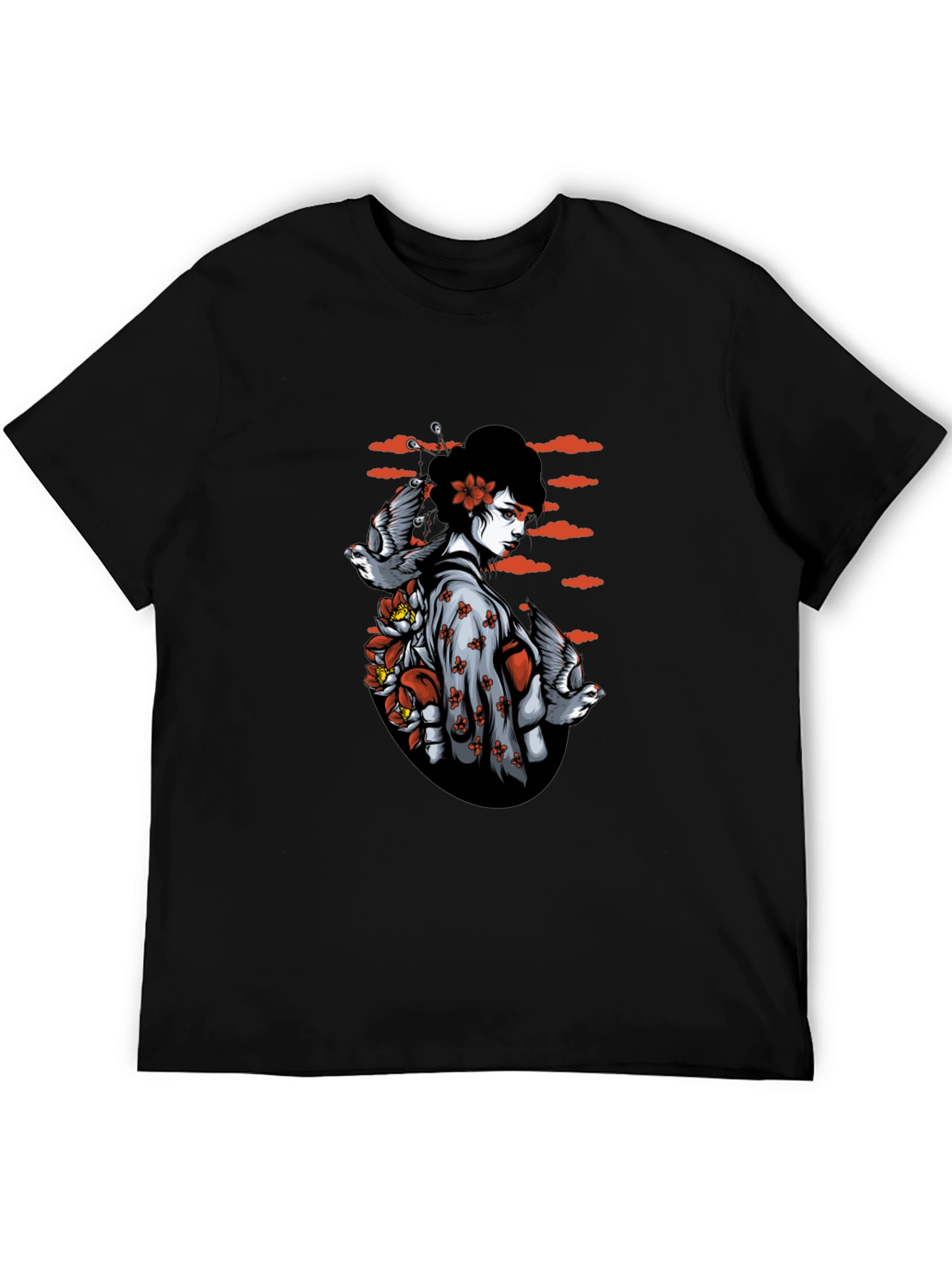 Geisha Bird Graphic Tee - Unique Black T-Shirt