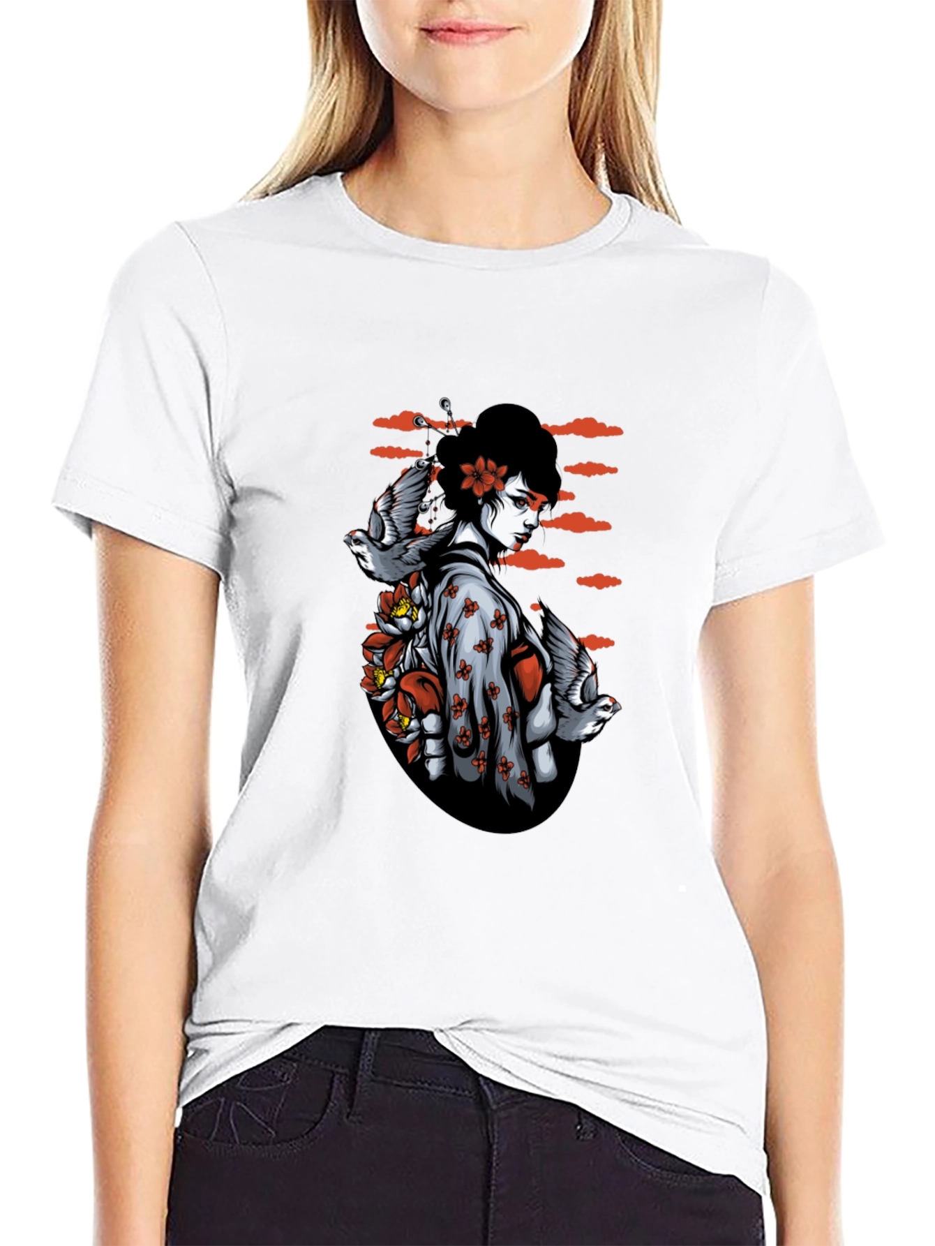 Geisha Bird Graphic Tee - Unique Black T-Shirt