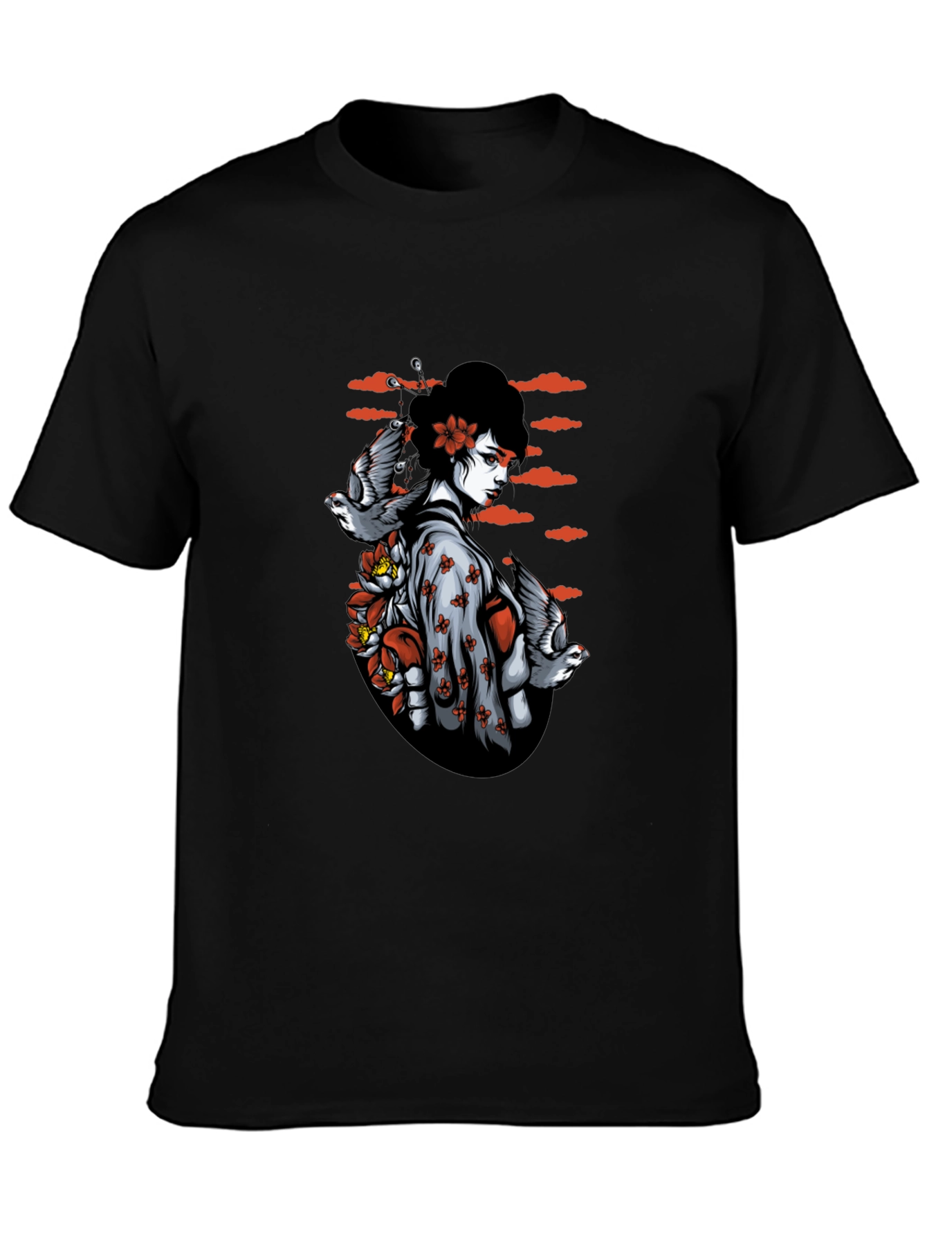 Geisha Bird Graphic Tee - Unique Black T-Shirt