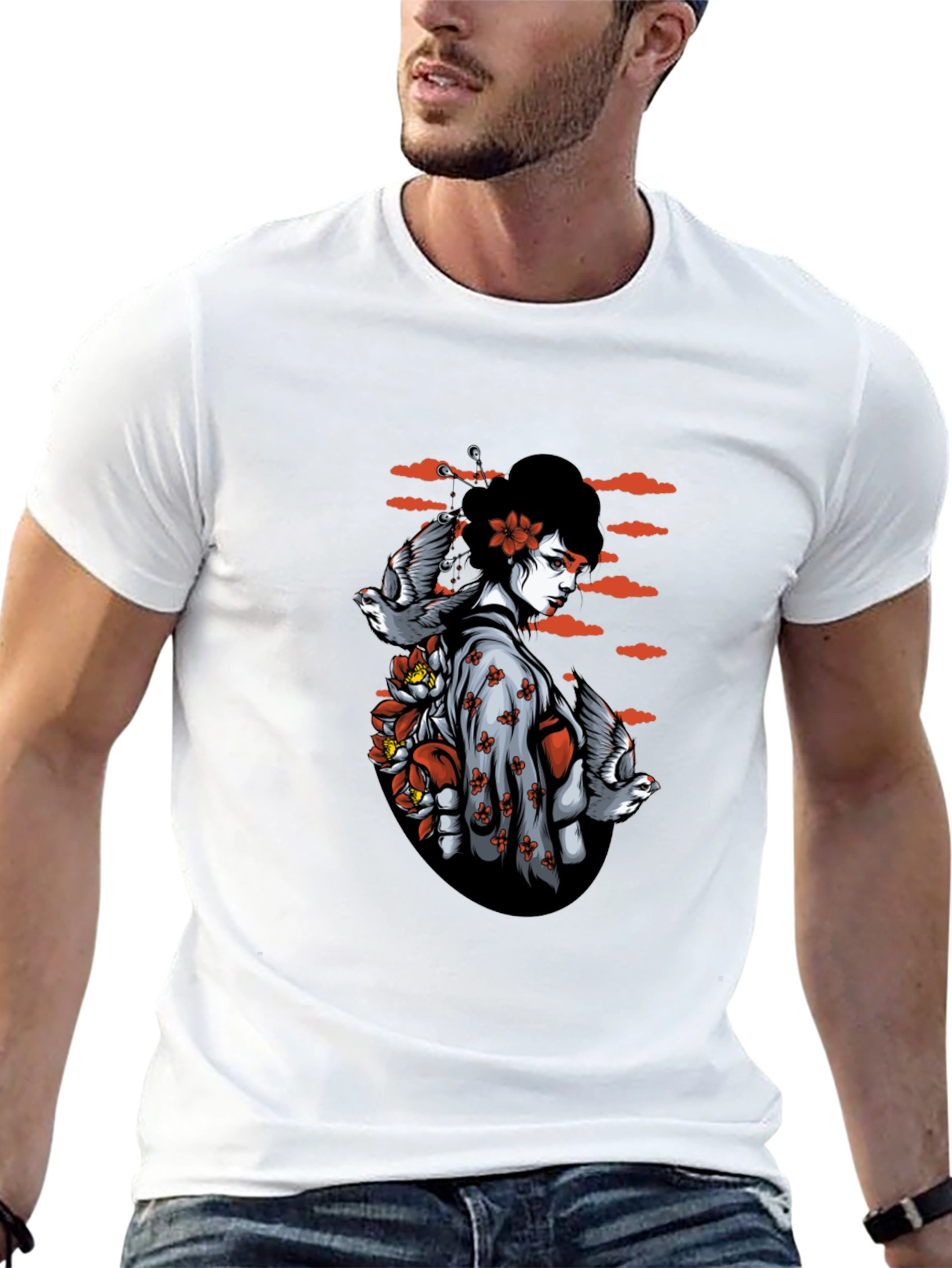 Geisha Bird Graphic Tee - Unique Black T-Shirt