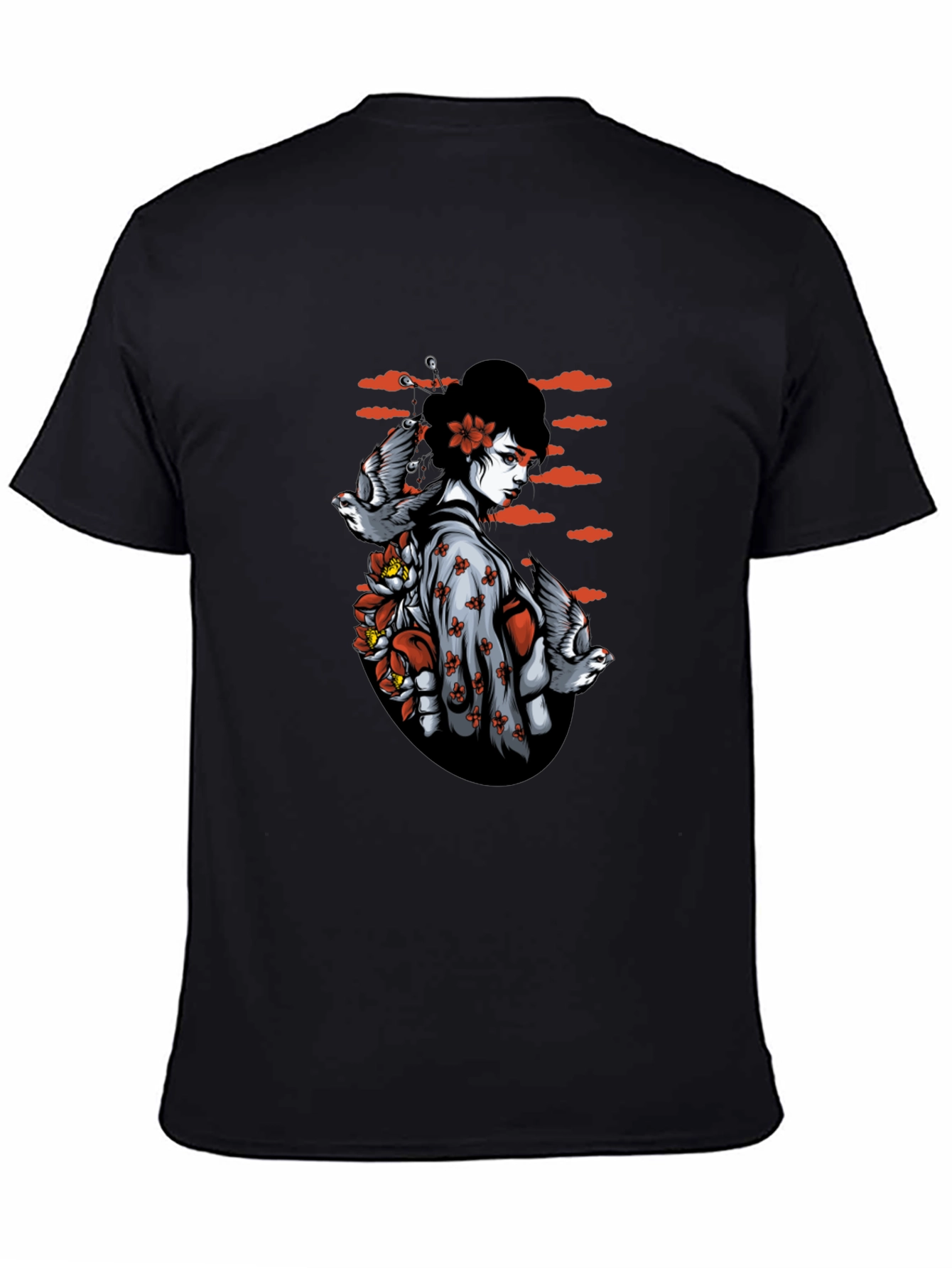 Geisha Bird Graphic Tee - Unique Black T-Shirt
