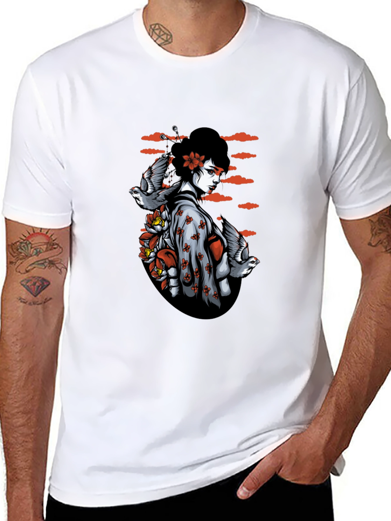Geisha Bird Graphic Tee - Unique Black T-Shirt
