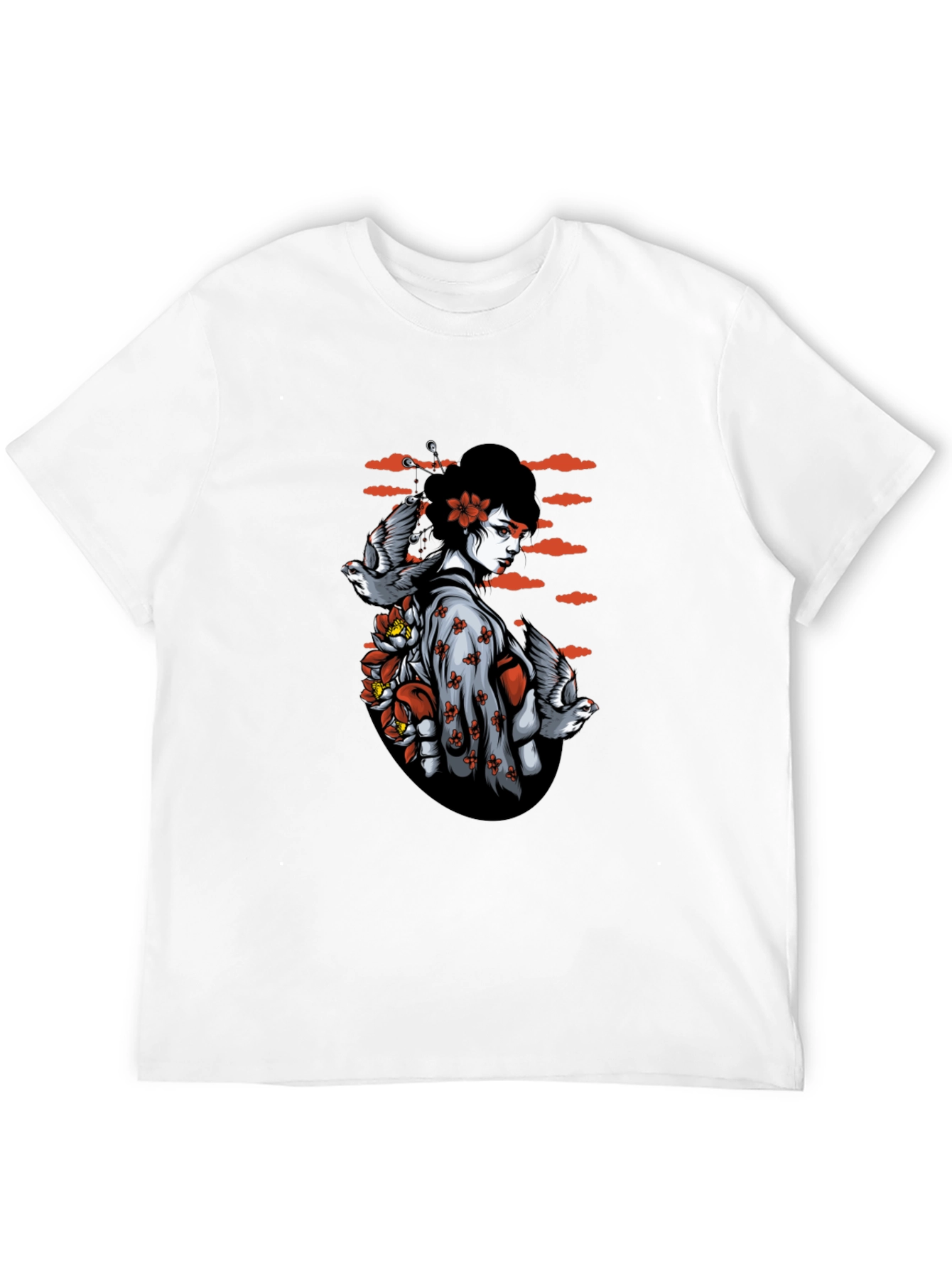 Geisha Bird Graphic Tee - Unique Black T-Shirt