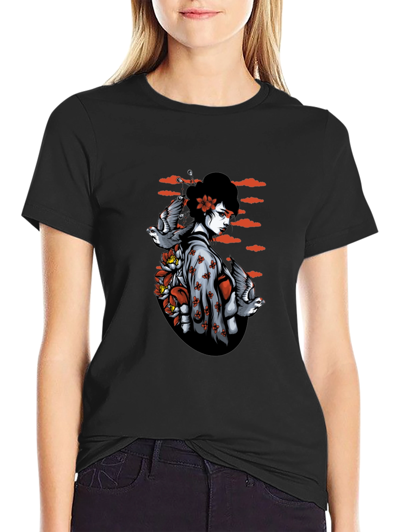 Geisha Bird Graphic Tee - Unique Black T-Shirt