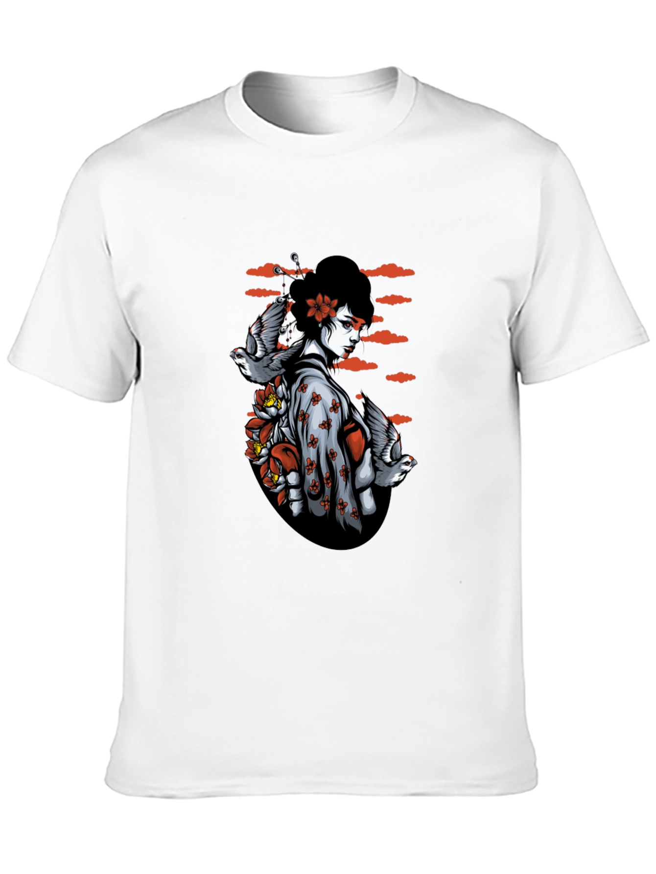 Geisha Bird Graphic Tee - Unique Black T-Shirt