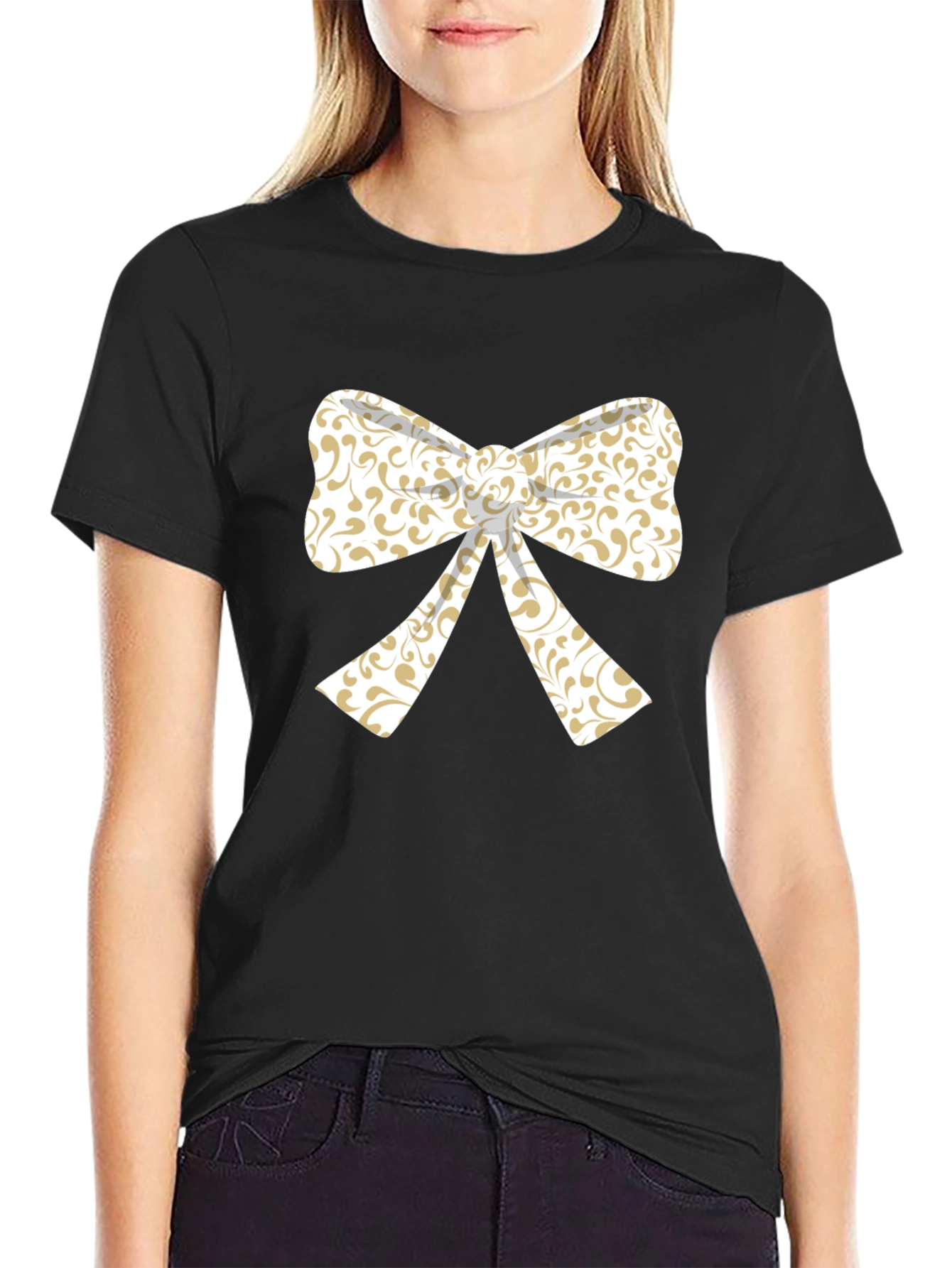 Elegant Bow Graphic Tee - Black Cotton Blend T-Shirt