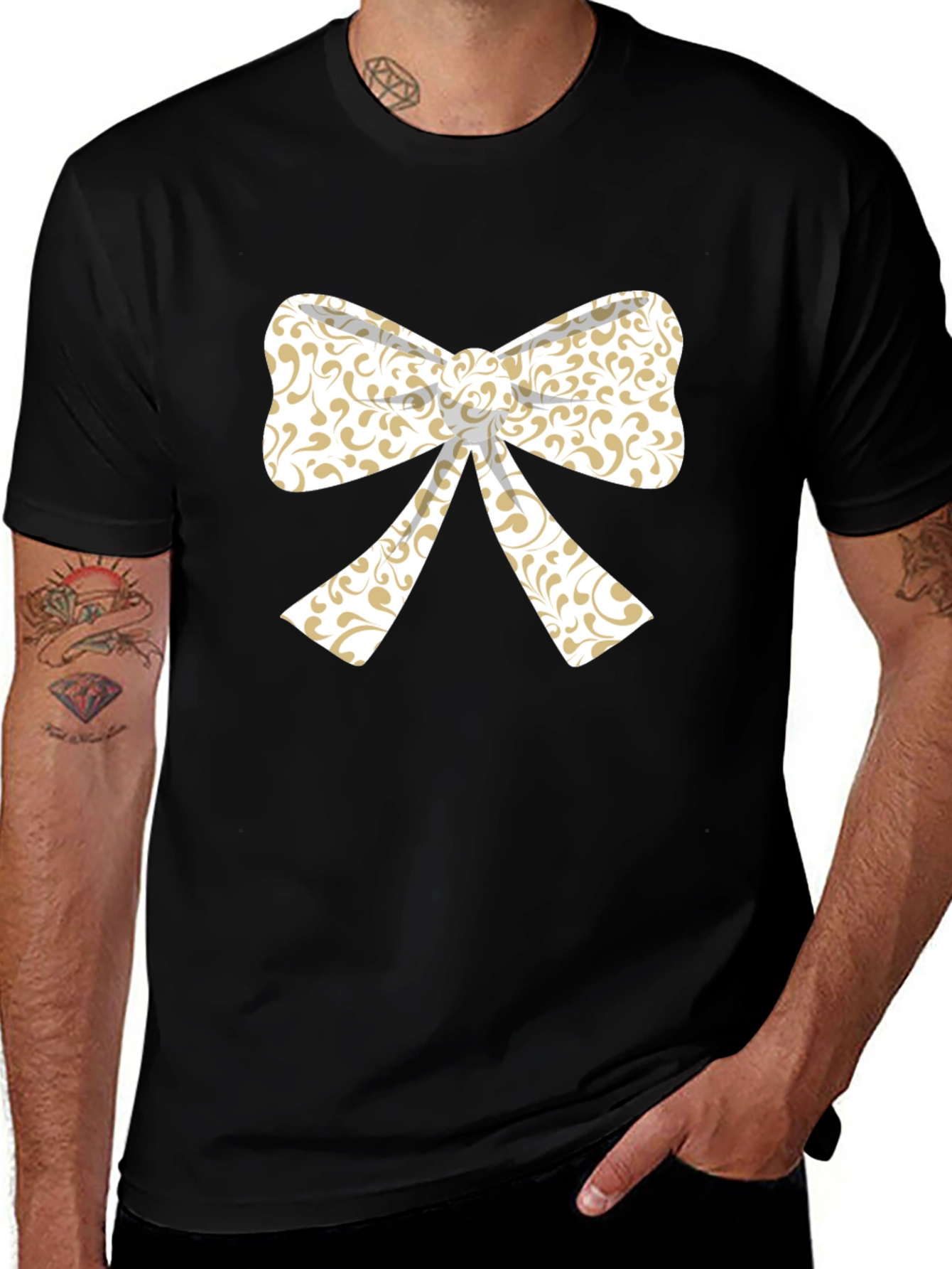 Elegant Bow Graphic Tee - Black Cotton Blend T-Shirt