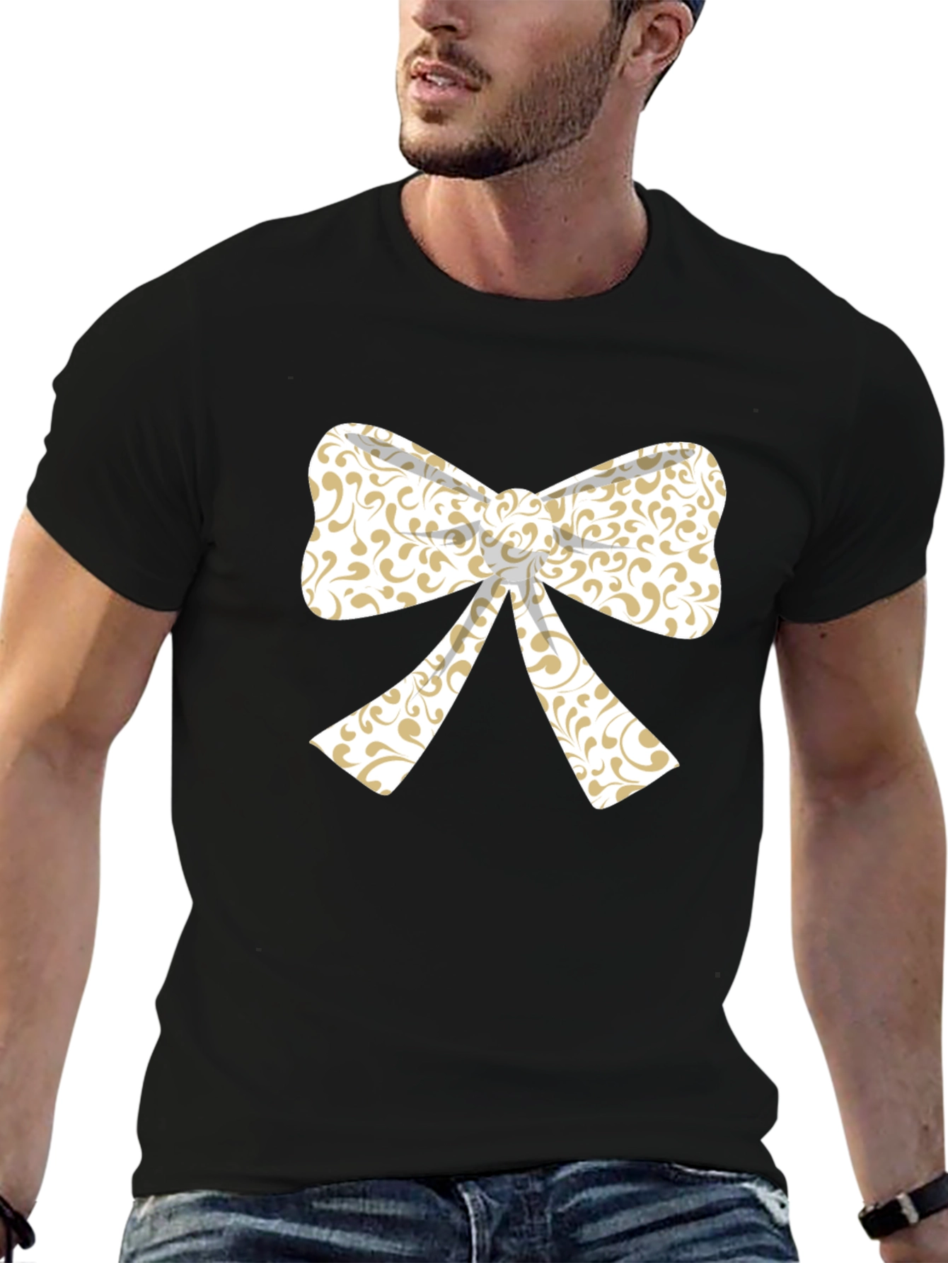 Elegant Bow Graphic Tee - Black Cotton Blend T-Shirt