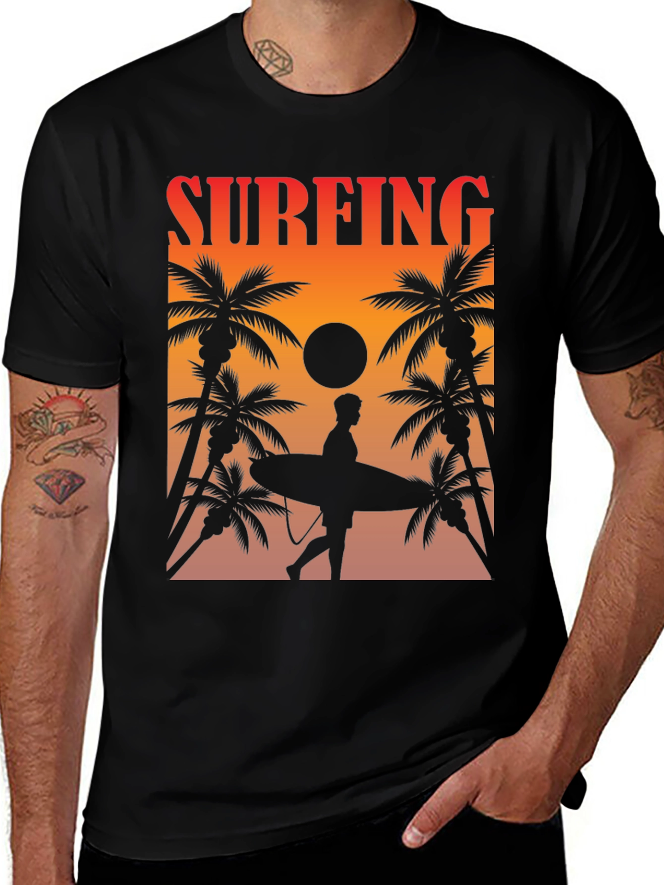 Surfing Sunset Graphic Tee - Palm Trees & Surfboard