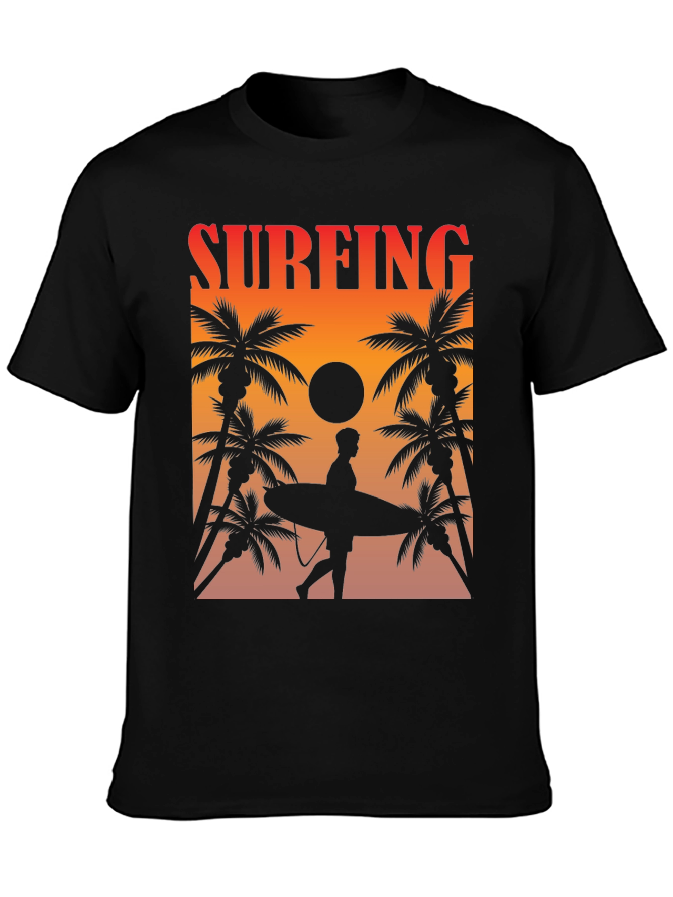 Surfing Sunset Graphic Tee - Palm Trees & Surfboard