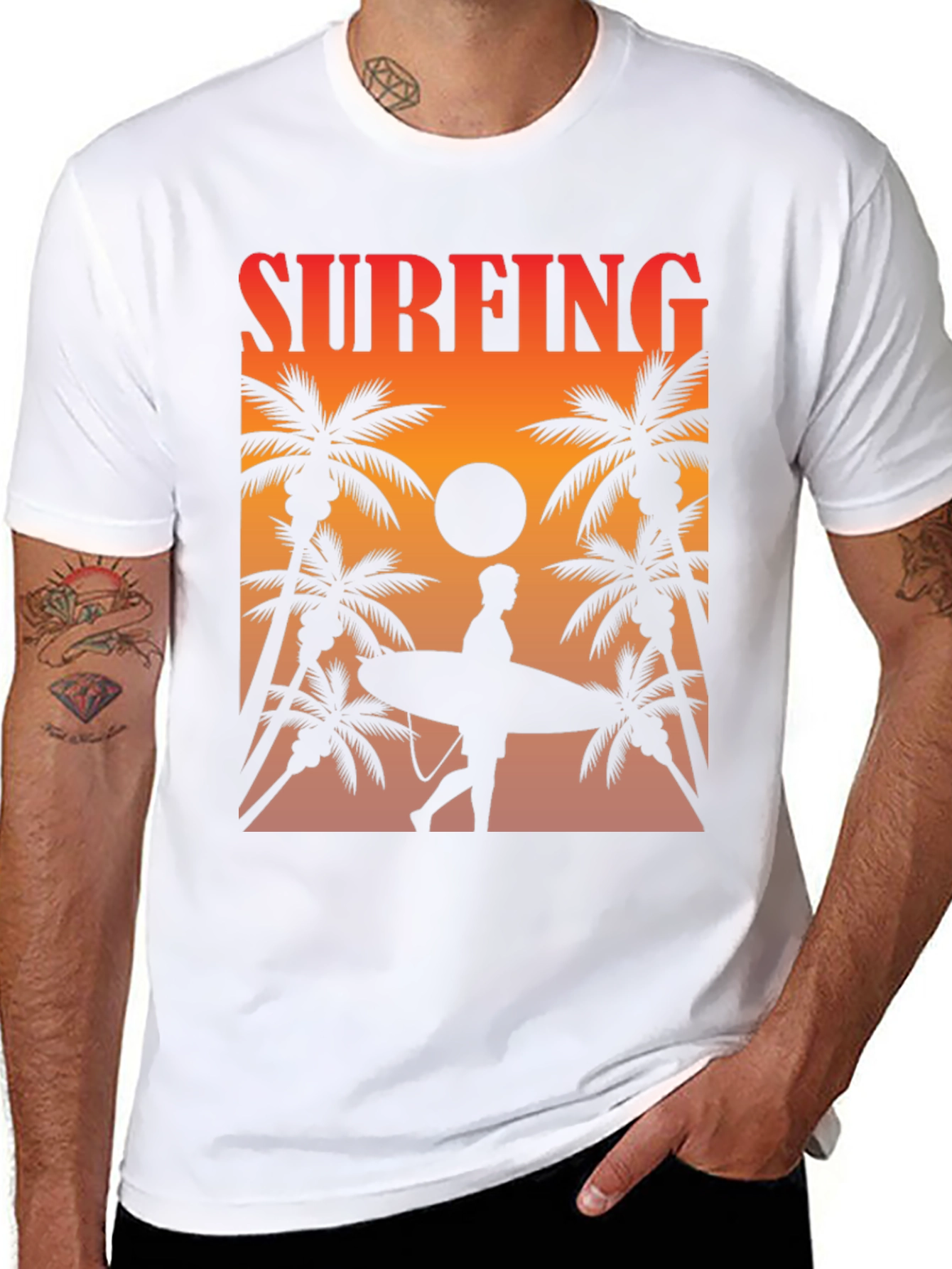 Surfing Sunset Graphic Tee - Palm Trees & Surfboard