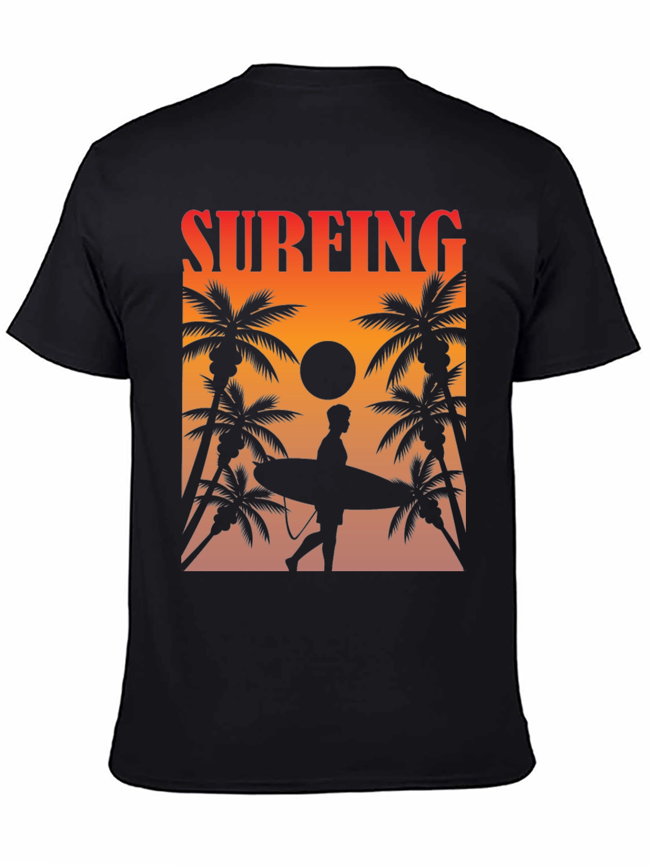 Surfing Sunset Graphic Tee - Palm Trees & Surfboard