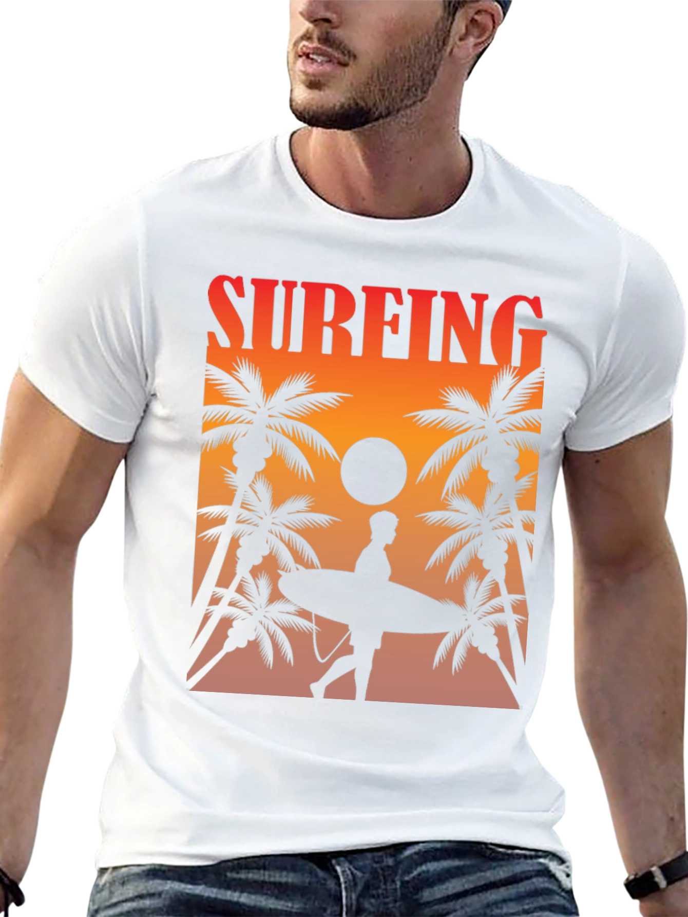 Surfing Sunset Graphic Tee - Palm Trees & Surfboard