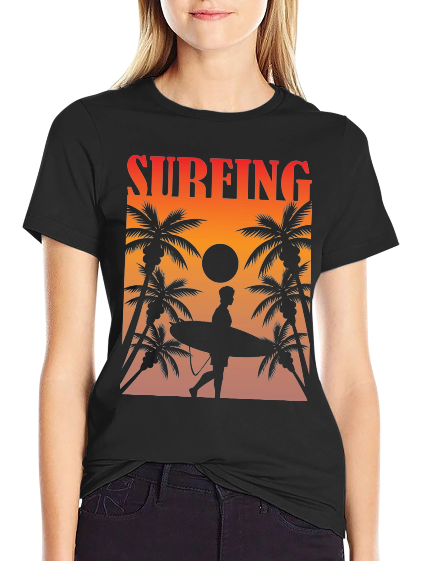 Surfing Sunset Graphic Tee - Palm Trees & Surfboard