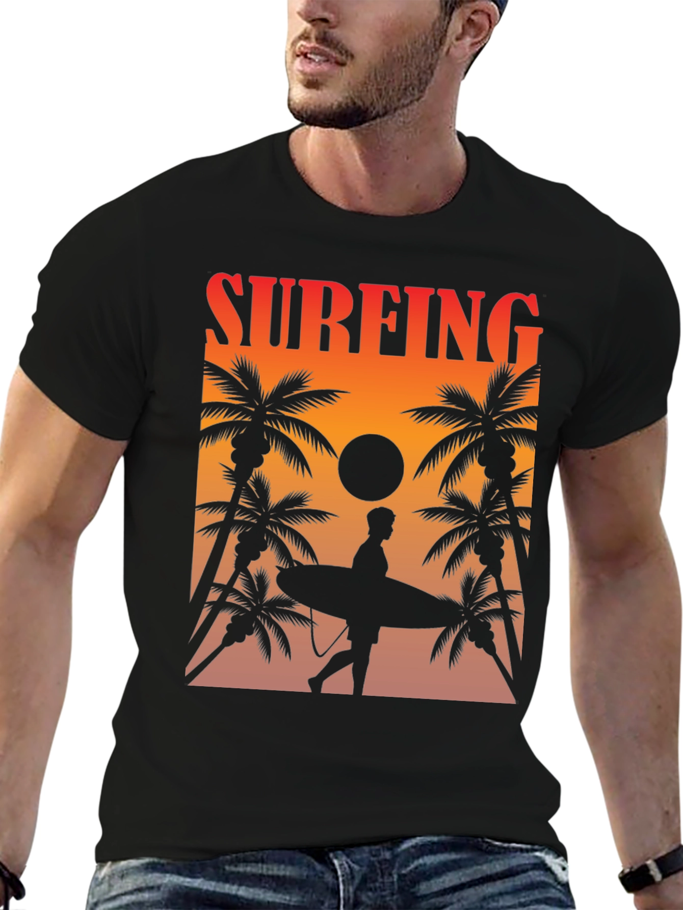 Surfing Sunset Graphic Tee - Palm Trees & Surfboard