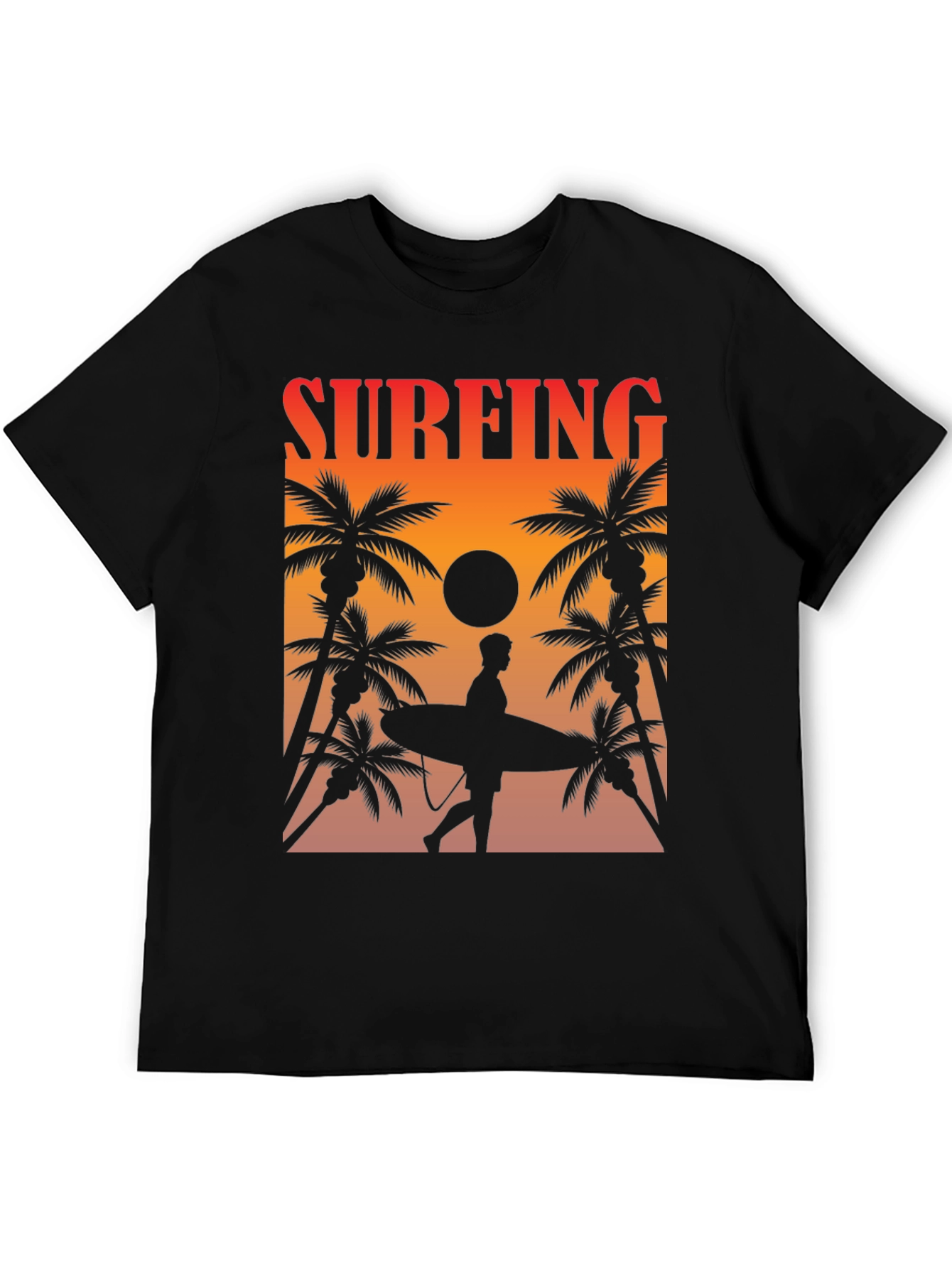Surfing Sunset Graphic Tee - Palm Trees & Surfboard