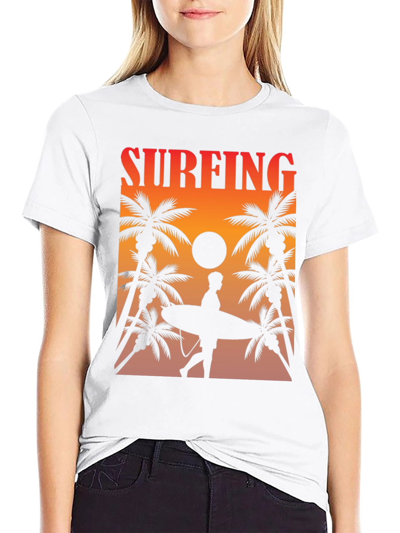 Surfing Sunset Graphic Tee - Palm Trees & Surfboard