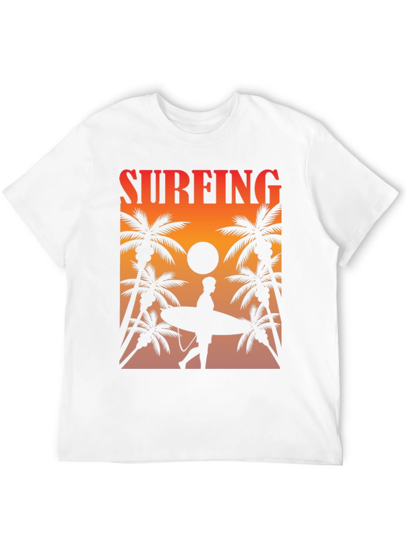 Surfing Sunset Graphic Tee - Palm Trees & Surfboard