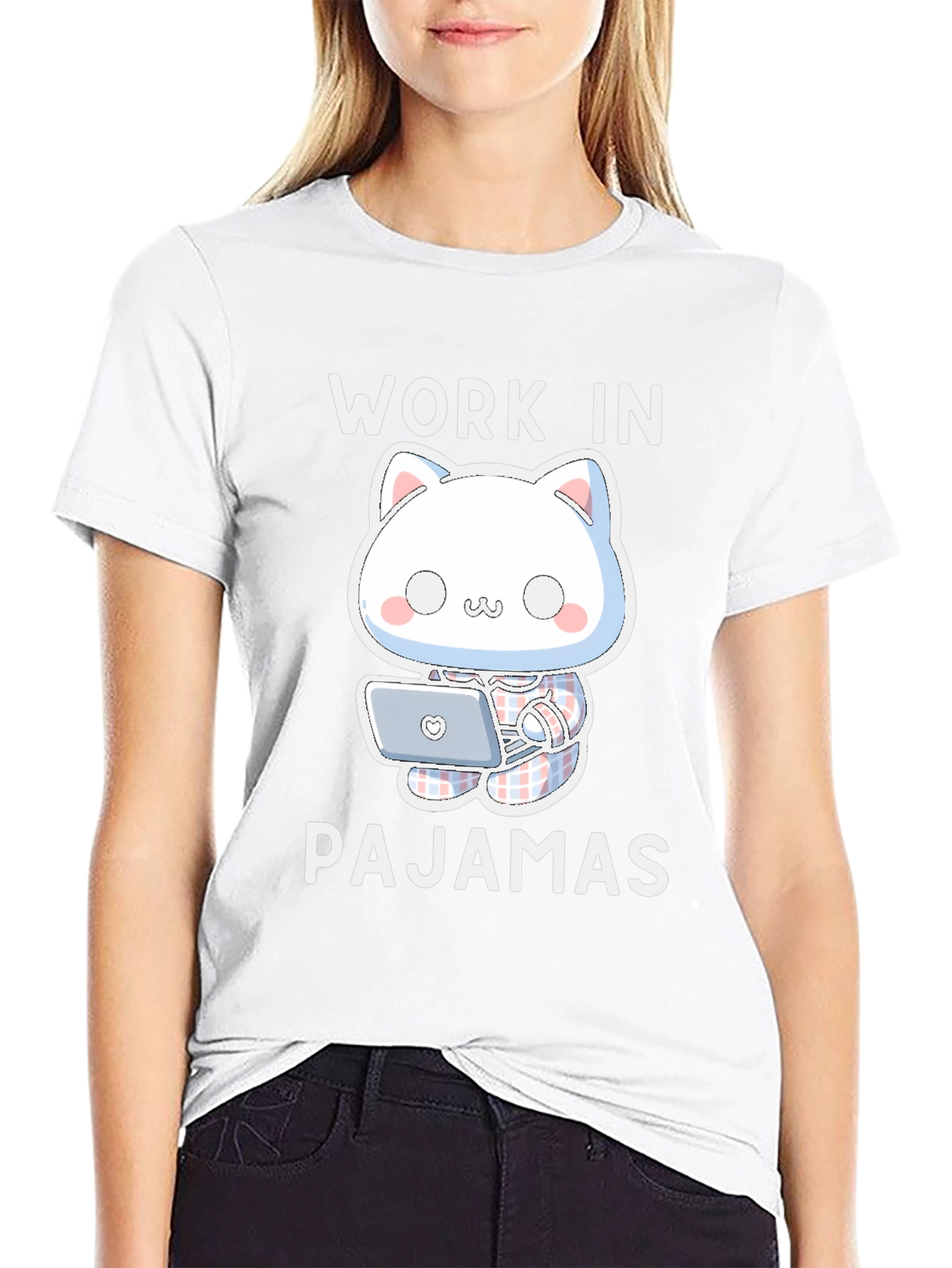 Work In Pajamas T-Shirt - Cute Cat Design