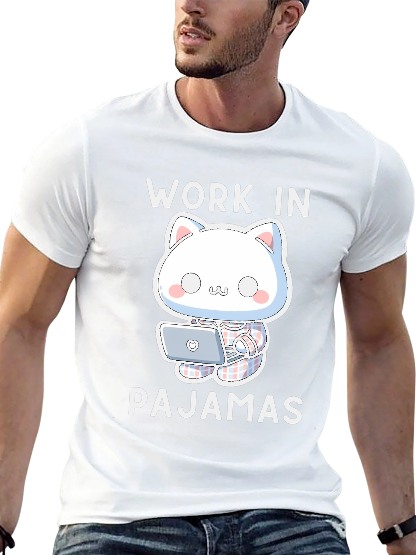 Work In Pajamas T-Shirt - Cute Cat Design