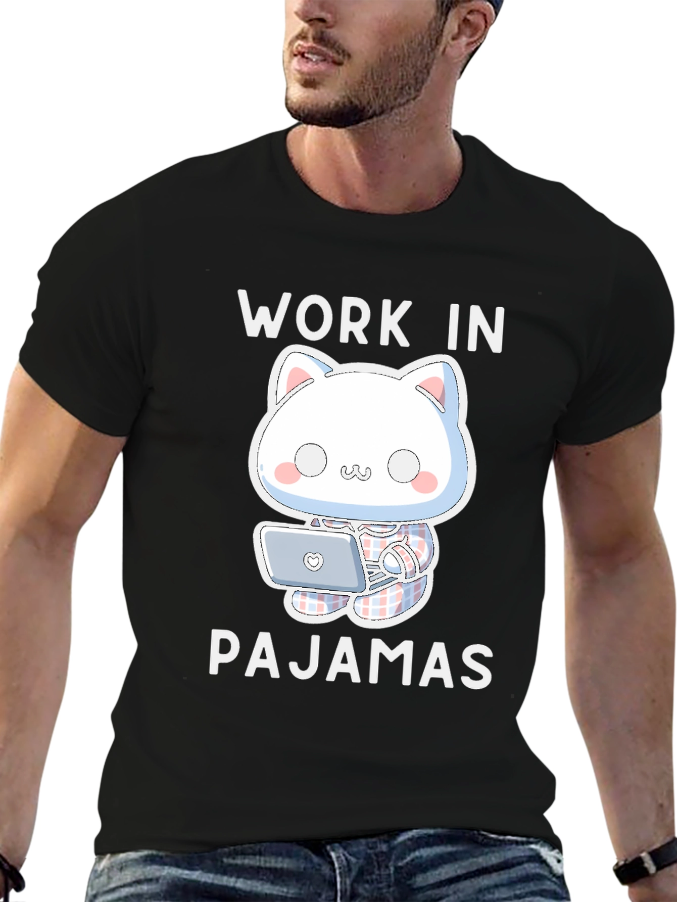 Work In Pajamas T-Shirt - Cute Cat Design